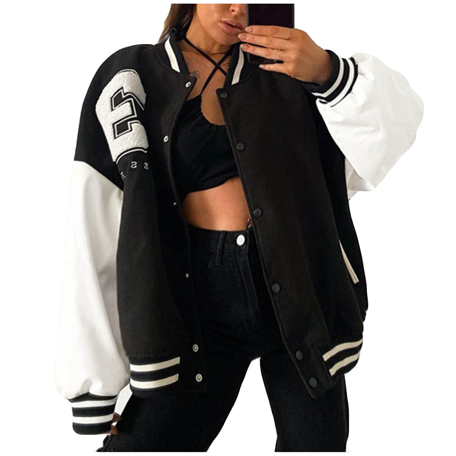 UODSVP Women's Winter Baseball Jacket - Warm Fleece Lined Coat with Contrast Trim, Oversized Loose Fit for College Sports & Casual Wear | Perfect for Winter Outdoors, Campus Style & Street Fashion