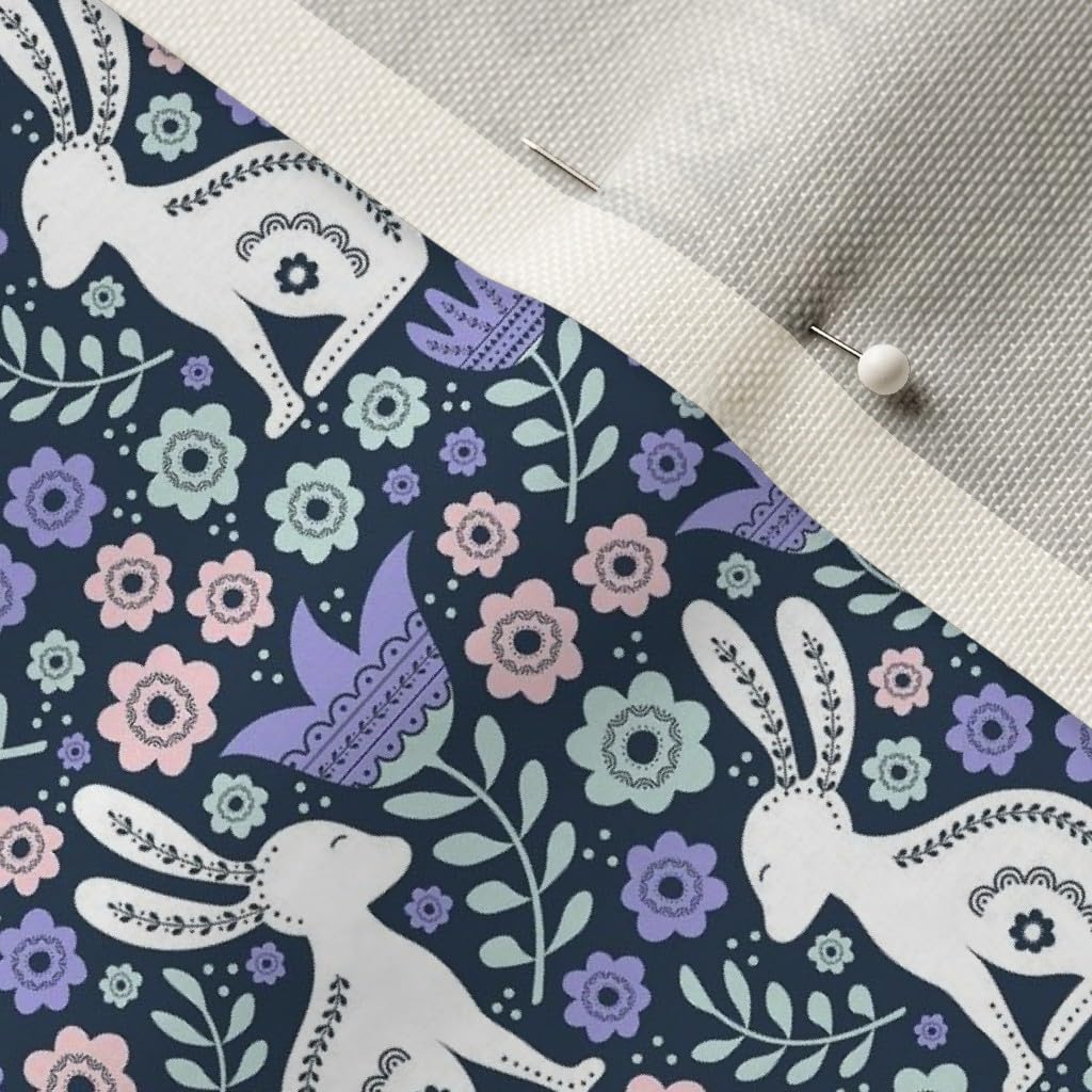 Easter Folk Bunny Rabbit Spring Scandi Floral Navy Printed Velvet Upholstery Fabric - Fat Quarter for Home Decor, Apparel & DIY Projects | Perfect for Easter Decorations, Throw Pillows & Spring Fashion