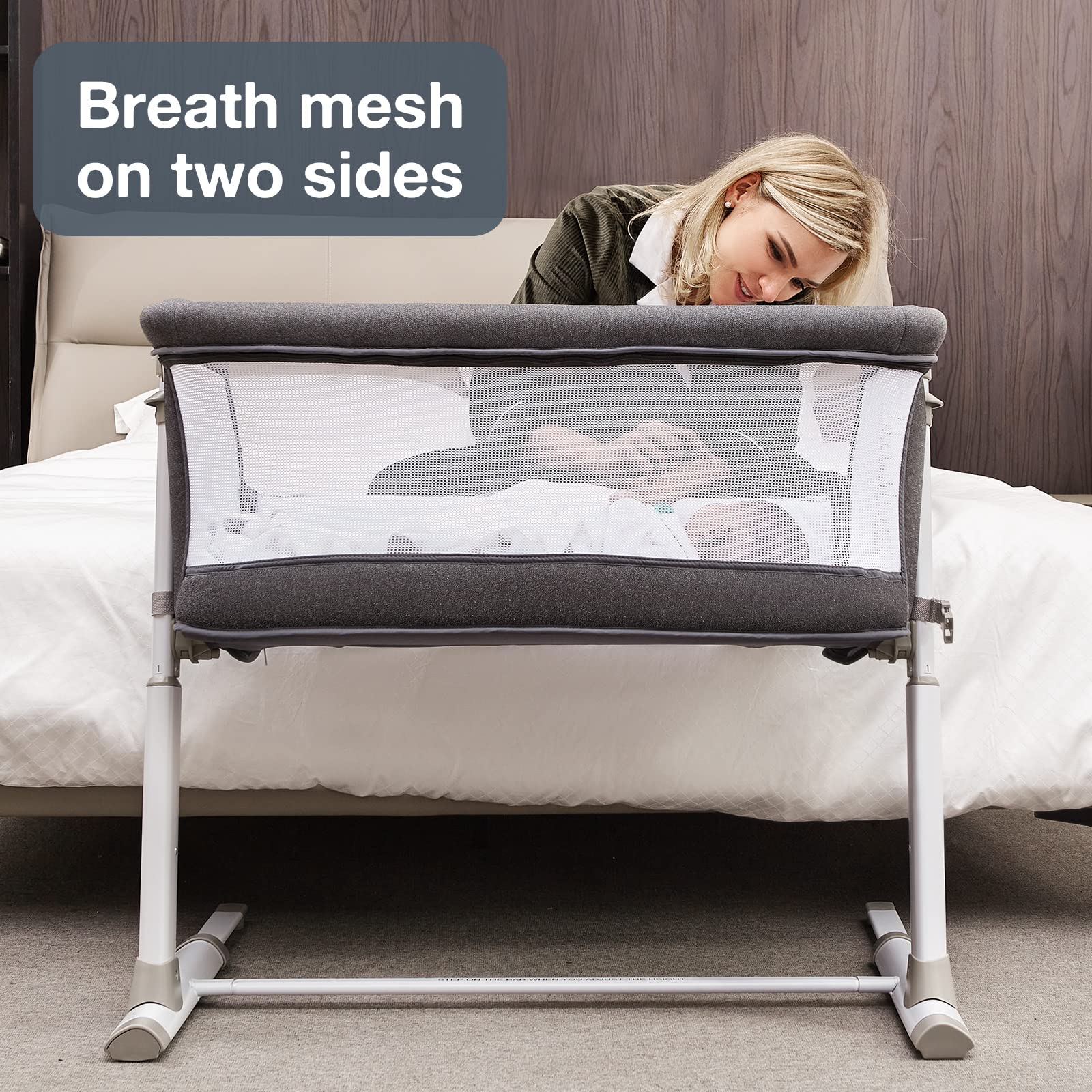 RONBEI Adjustable Portable Baby Bassinet & Bedside Sleeper - Dark Grey Crib Bed for Newborn, Infant, Baby Boy & Girl - Perfect for Nursery, Travel & Co-Sleeping