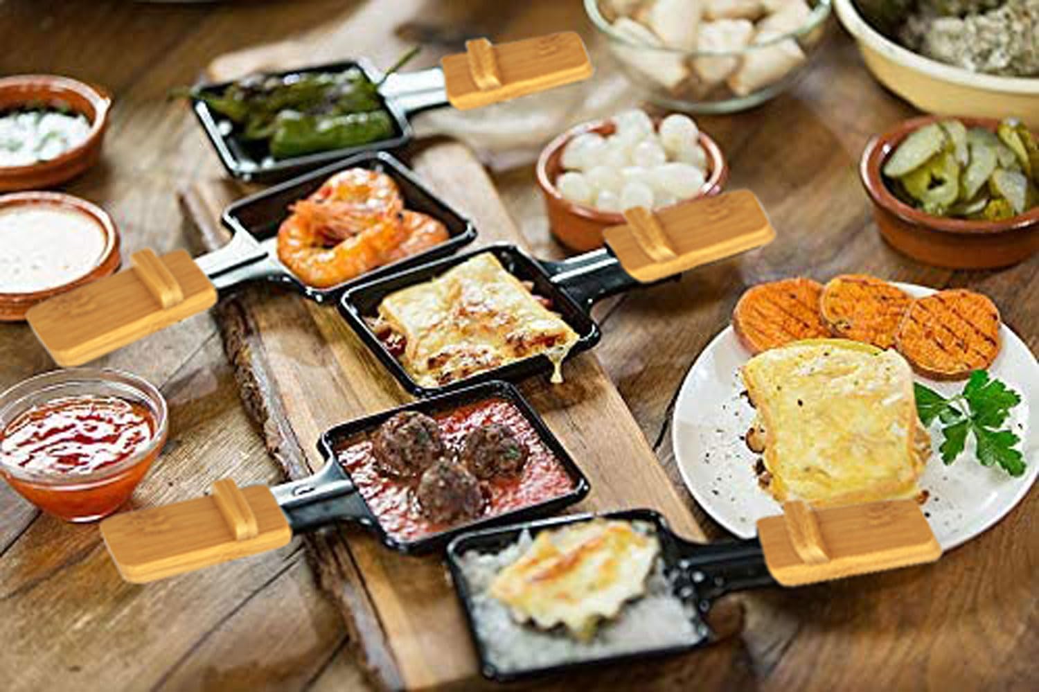 Non-Stick Mini Cheese Raclette Pan Set with Bamboo Handle - 8-Piece Oven-Safe Baking Tool for Melting Cheese, Frying Eggs & Making Quesadillas - Perfect for Home Cooking, Camping & Party Snacks