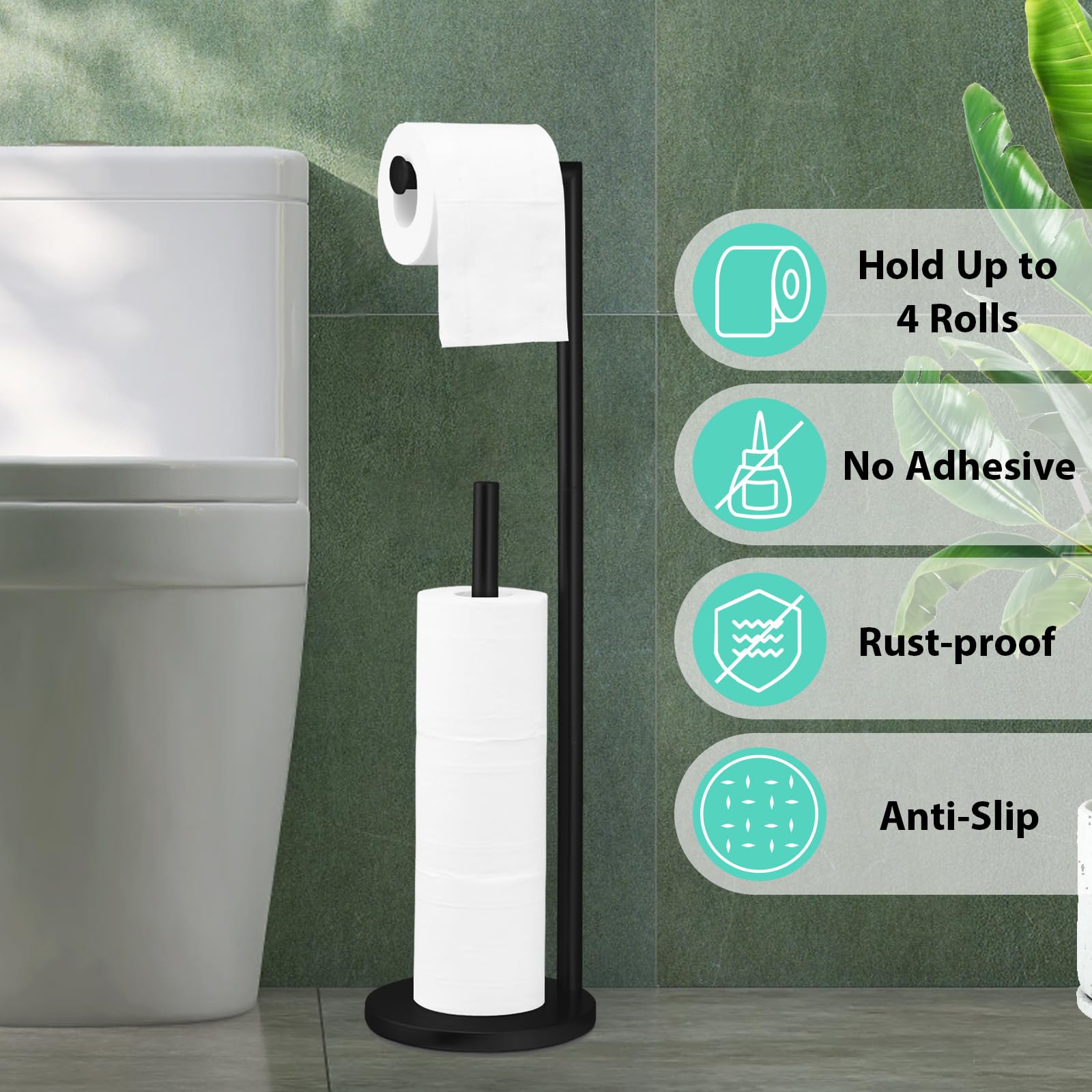 Free Standing Toilet Paper Holder Stand - Large Capacity Bathroom Tissue Roll Dispenser for 4 Rolls with Reserve Storage | Matte Black Finish | Perfect for Home, Office & RV Bathrooms