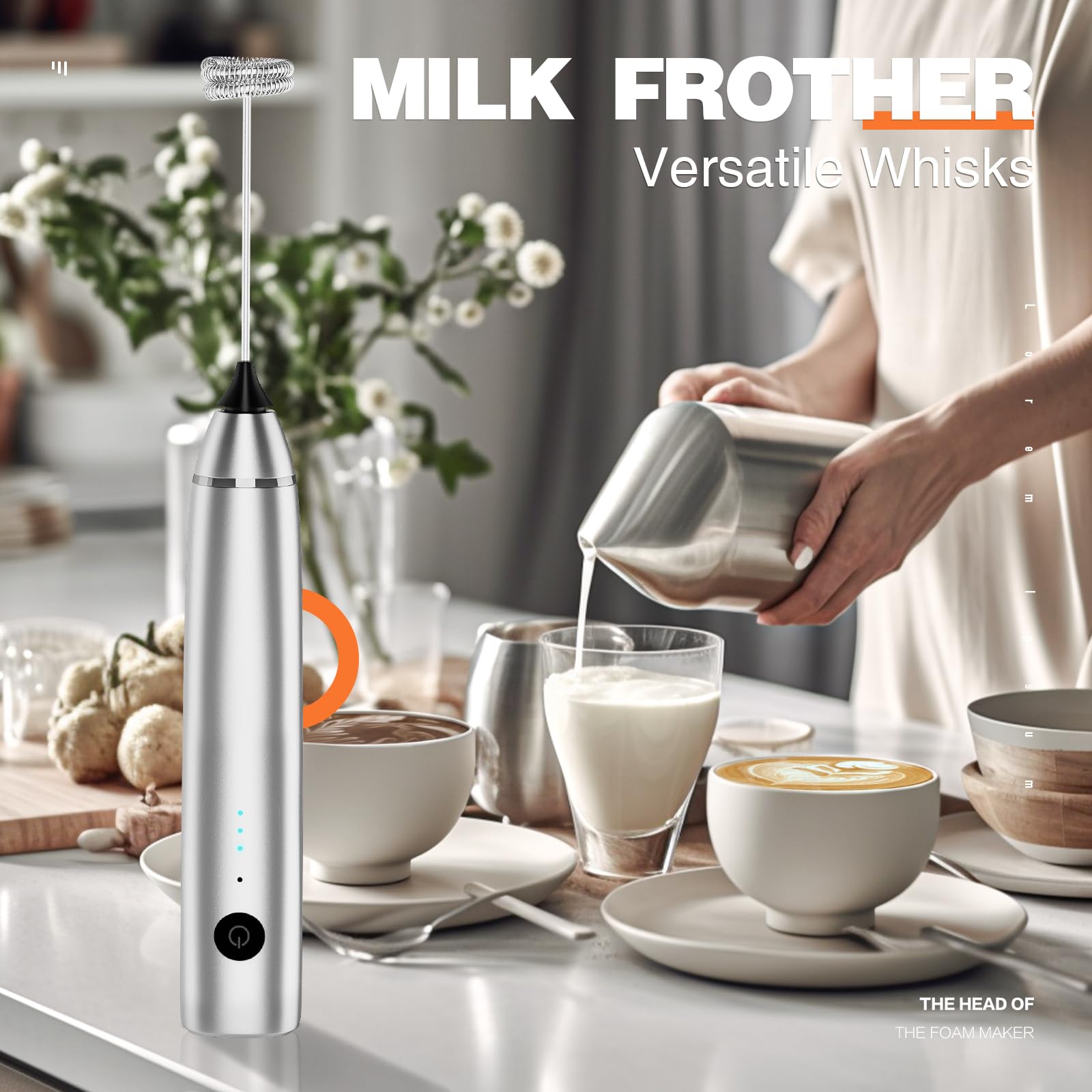 Rechargeable Handheld Electric Milk Frother with 2 Stainless Steel Whisk Heads - 3 Speed Adjustable Foam Maker for Coffee, Matcha Latte, Cappuccino & Hot Chocolate (Gray) - Perfect for Home Baristas & Coffee Lovers