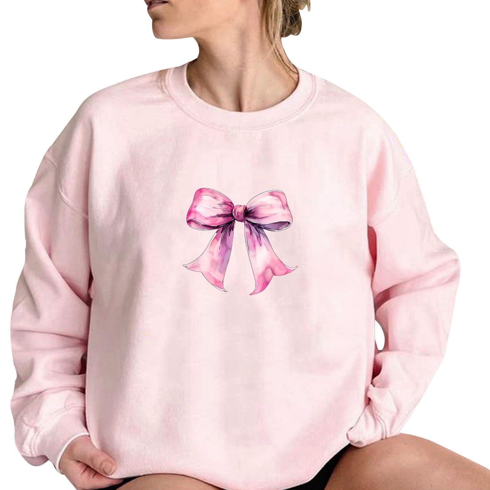 Women's Akklian Cute Cherry Bow Print Long Sleeve Oversized Sweatshirt - Kawaii Loose Pullover for Teen Girls, Preppy Pink Hoodie for Casual Wear & Cozy Outings