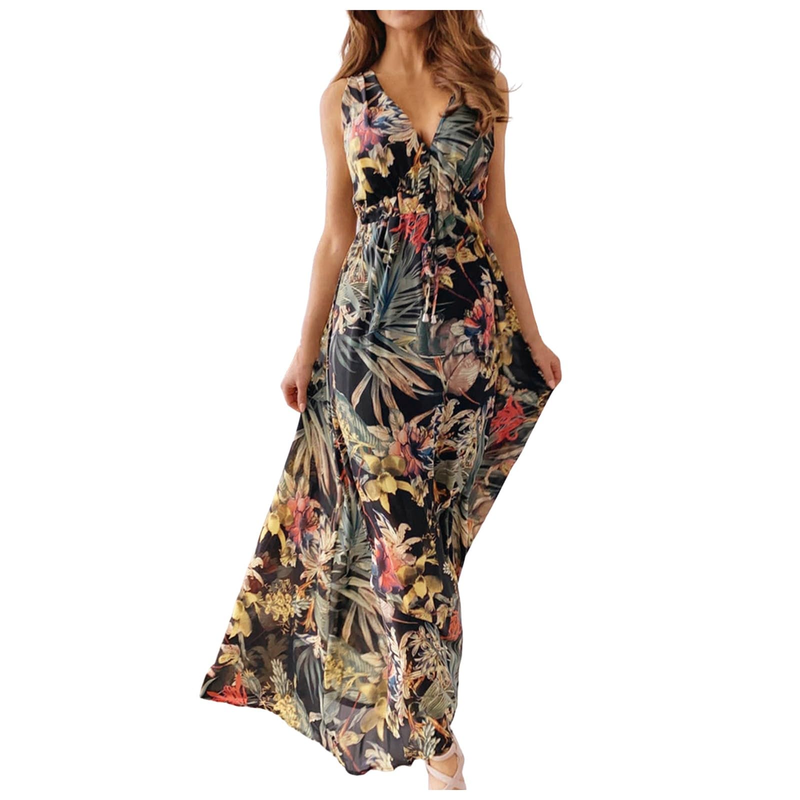 2024 Women's Boho Summer Dresses - Floral Sleeveless V-Neck Hawaiian Beach Maxi Sundress for Vacation, Pool Party & Tropical Getaway