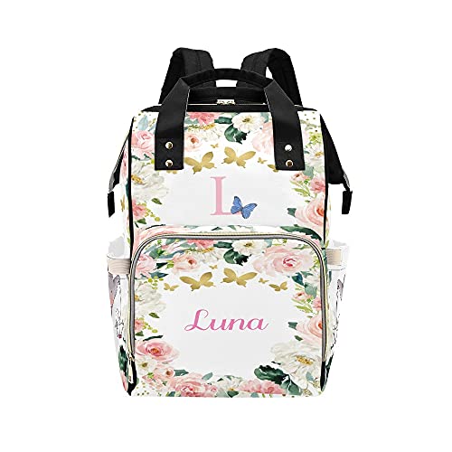 Waterproof Butterfly Pink Floral Diaper Backpack for Moms - Baby Nappy Nursing Tote Bag with Name Tag, Perfect Baby Shower Gift for Women - Ideal for Travel, Shopping & Daily Use