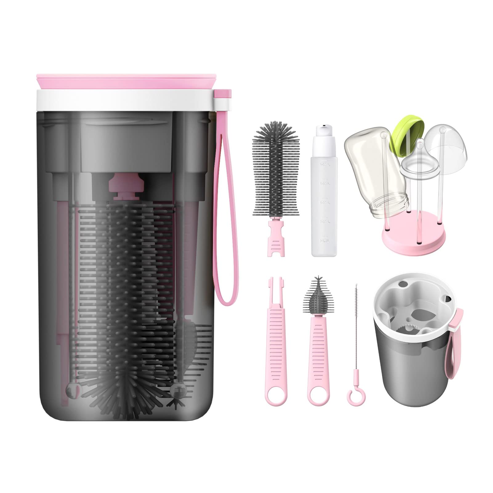 **Bottle Brush Cleaning Kit - Extendable Silicone Bottle & Straw Brush with Drying Rack, Soap Dispenser & Storage Cup - Perfect for Travel, Baby Feeding Bottles & Water Bottles**