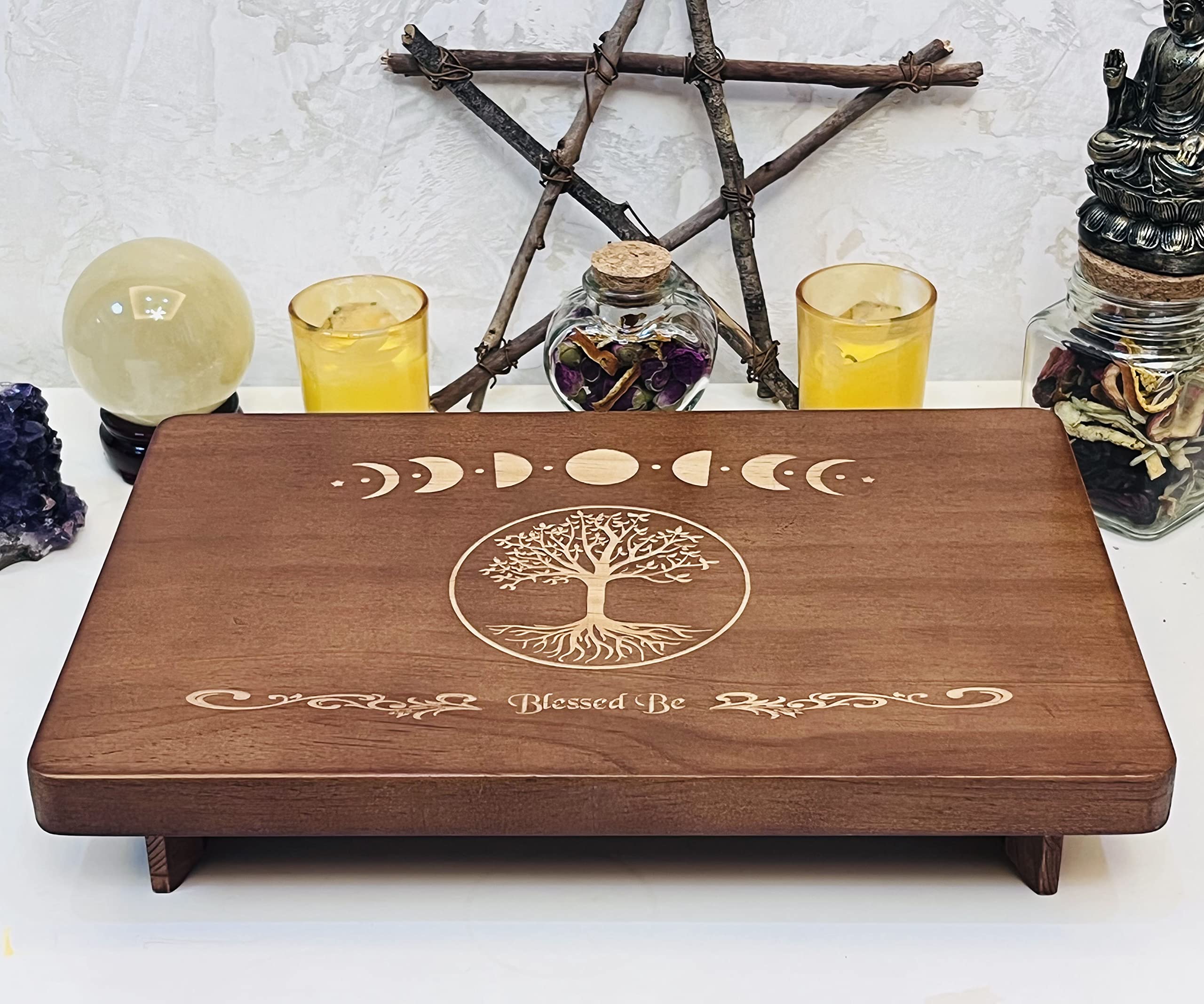 Handcrafted Wooden Altar Table - Moon Phase & Tree of Life Engraved Meditation Table (12×8 inches) for Wiccan, Buddhist Shrine & Spiritual Practices | Perfect for Home Altars, Yoga Spaces & Witchcraft Rituals