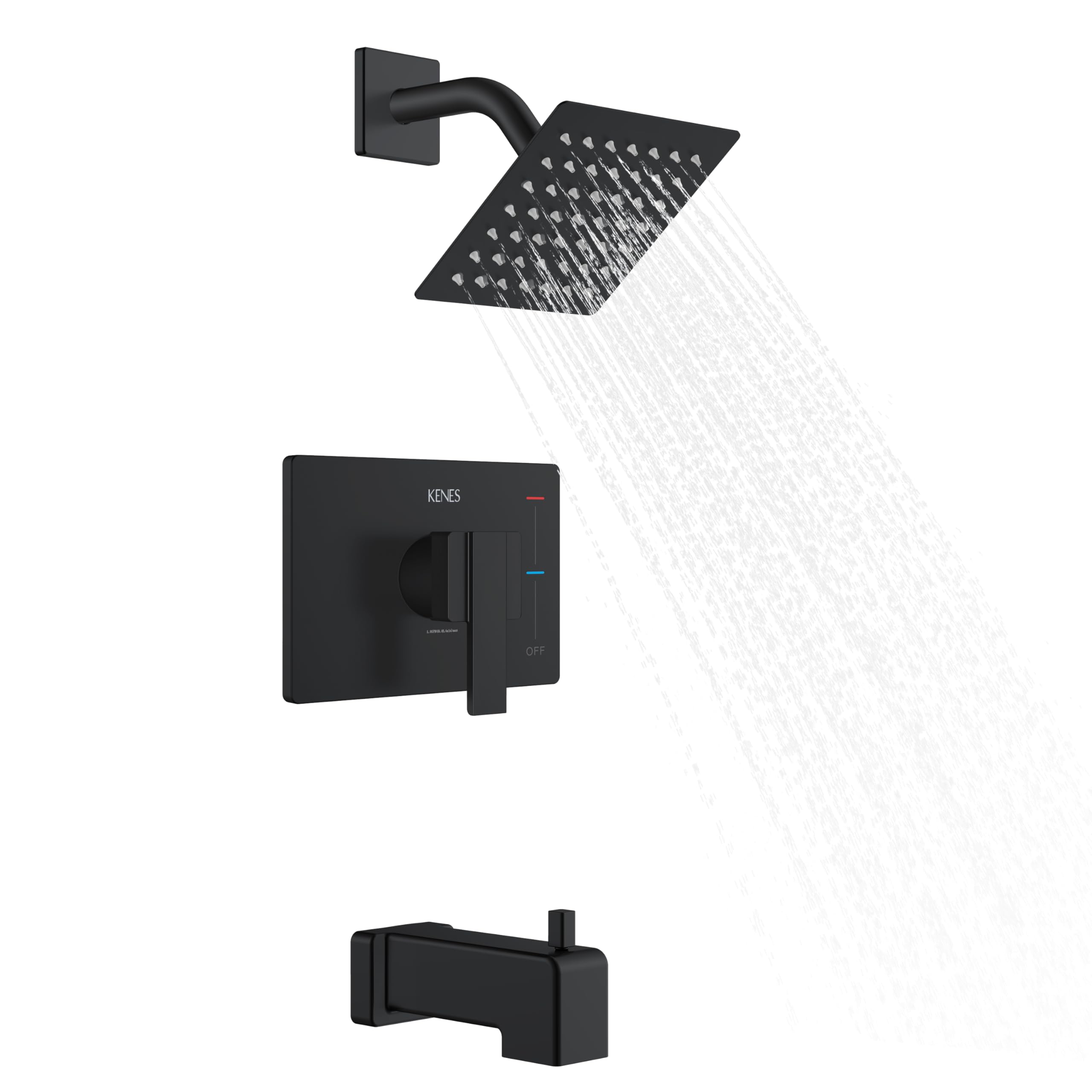Kenes Modern Matte Black Shower Faucet Set - Single-Spray Square Stainless Steel Rain Shower Head with Tub & Shower Trim Kit (Valve Included) KE-6025A-2 - Perfect for Bathroom Renovation & Luxury Spa Experience