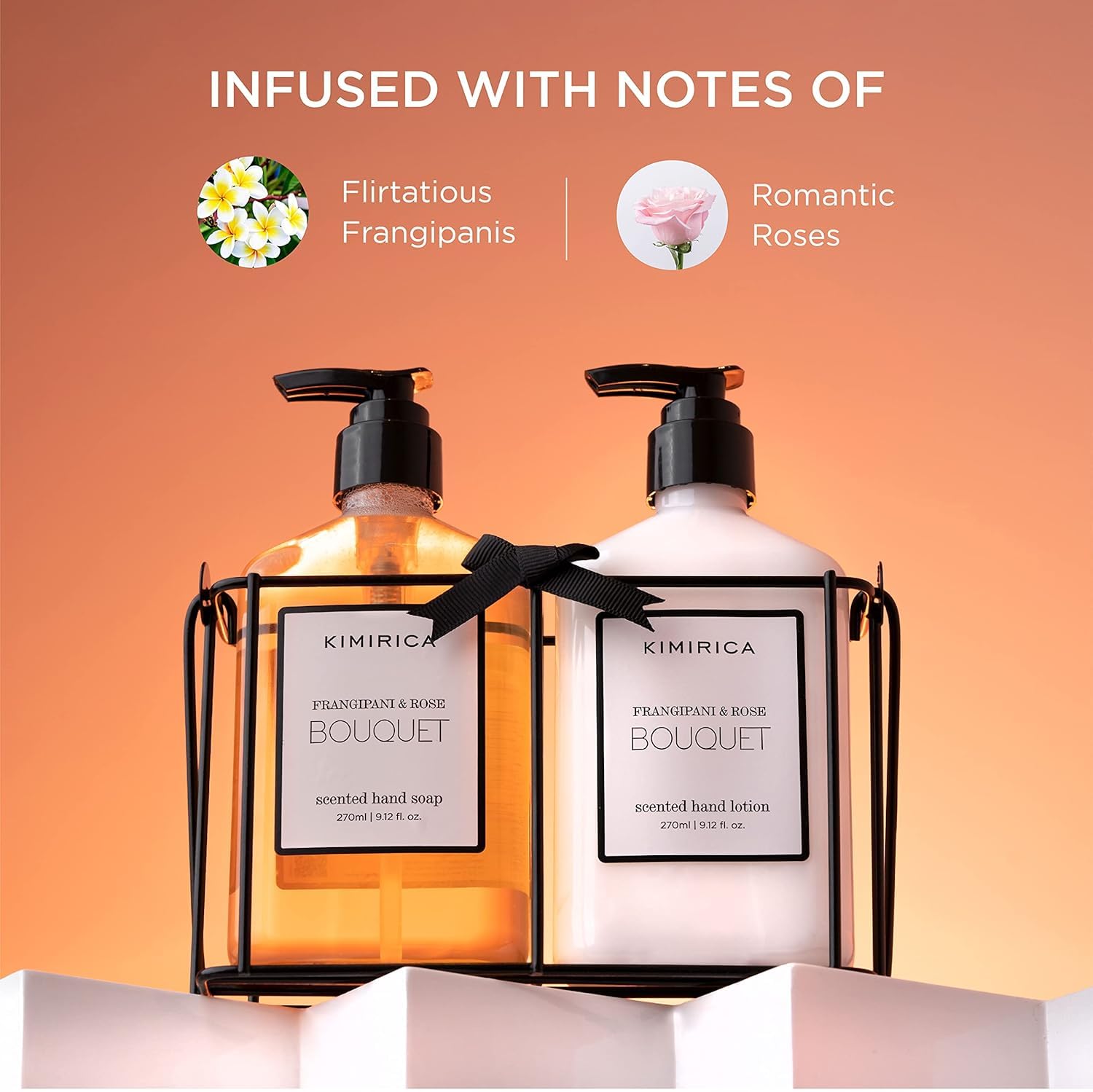 Frangipani & Rose Scented Hand Wash and Lotion Set with Metal Caddy | Vegan, Paraben-Free Skincare Duo | Long-Lasting Fragrance Gift Set for Women & Men | Perfect for Bathroom, Kitchen, and Spa Relaxation