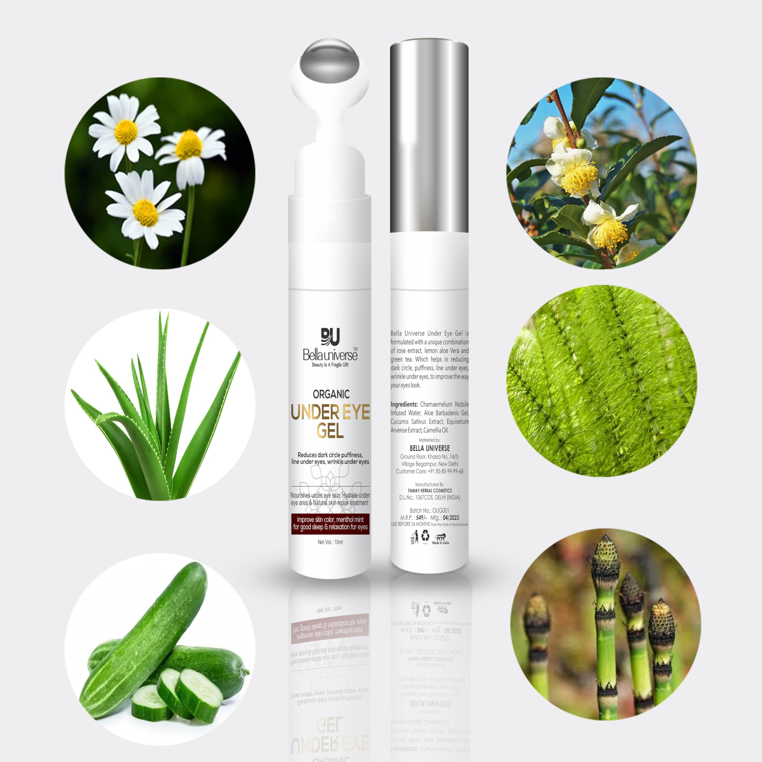 BELLAUNIVERSE Under Eye Gel for Dark Circles & Puffiness - Anti-Aging Eye Cream with Camellia Oil & Aloe Vera - Cooling Roller for Fine Lines & Wrinkles - Men & Women - Perfect for Morning Routine & Night Care