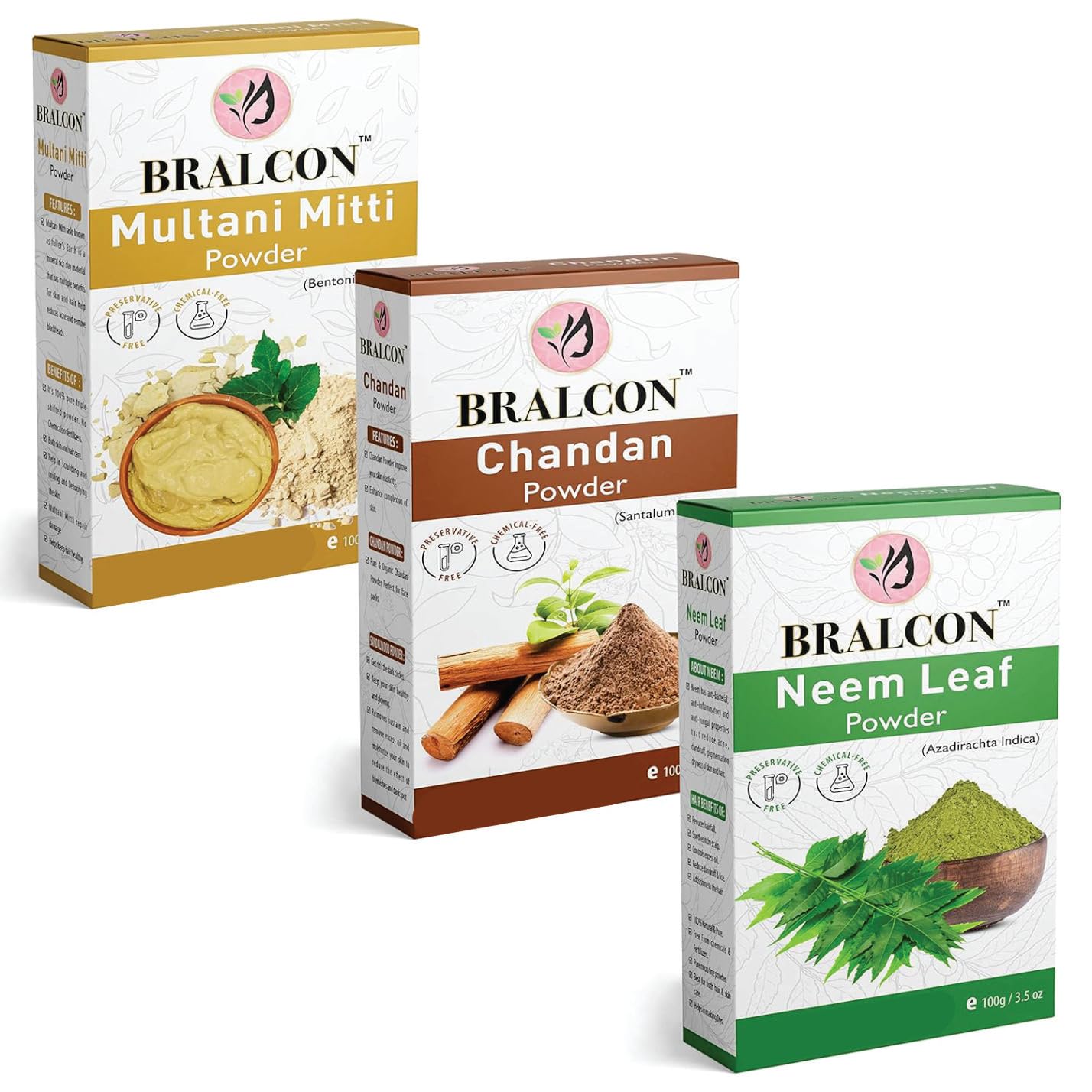 BRALCON Organic Neem Powder, Chandan Powder & Multani Mitti Clay Combo - 300g (3 x 100g) | Natural Ayurvedic Face Mask for Glowing Skin, Skin Whitening & Hair Care | Best for Dry Skin Treatment & Acne Prevention | DIY Beauty Routine & Spa Day Essential