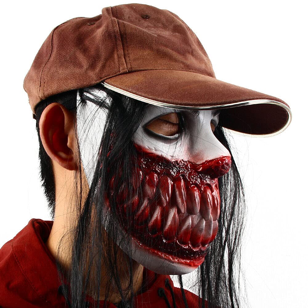 Scary Teeth Halloween Mask with Hair - Realistic Bloody Face Mask for Adults, Horror Costume Accessory for Halloween Parties & Haunted Houses