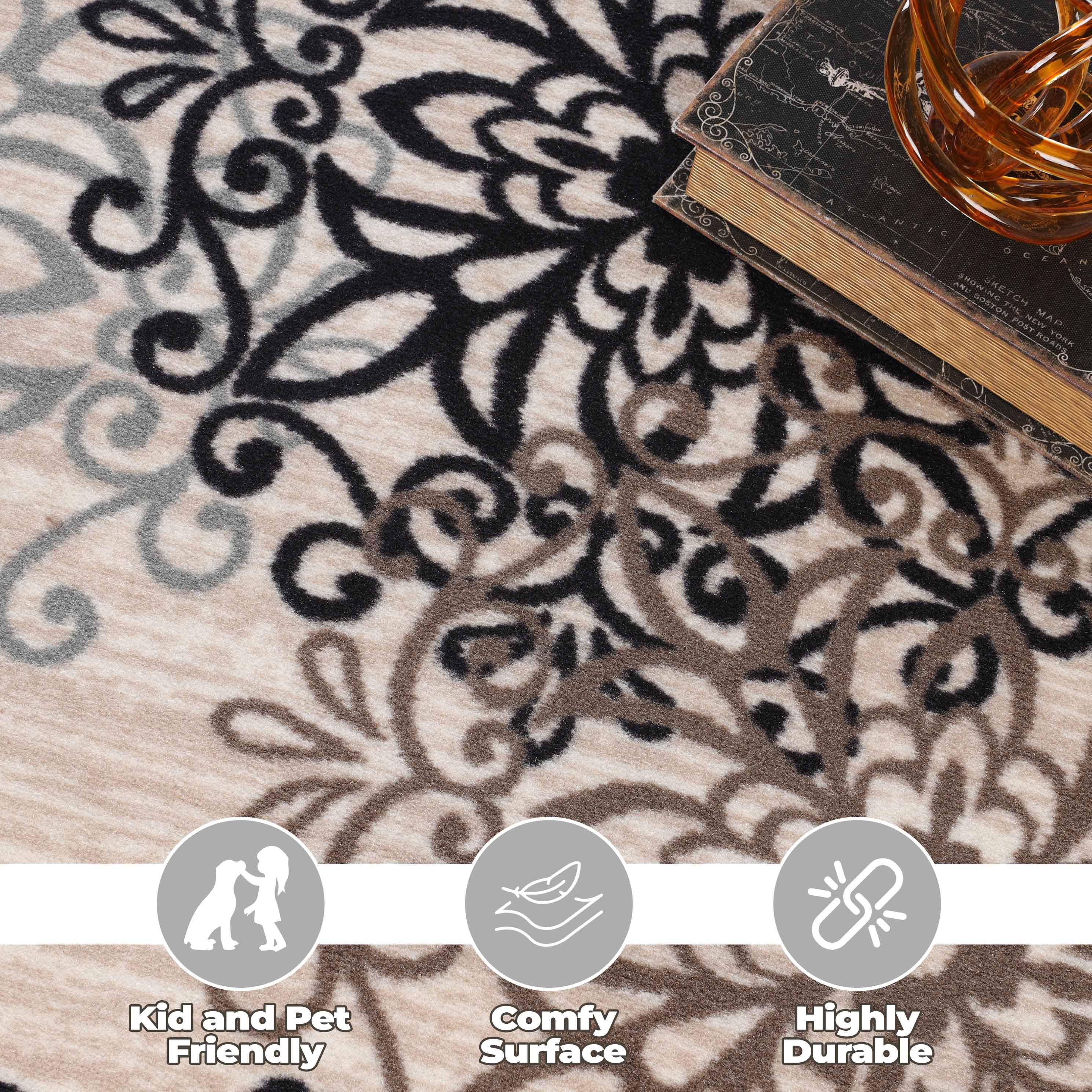 Non-Slip Modern Floral Medallion Indoor Area Rug - Soft Anti-Skid Runner for Living Room, Bedroom, Hallway - Home Decor & Floor Protection