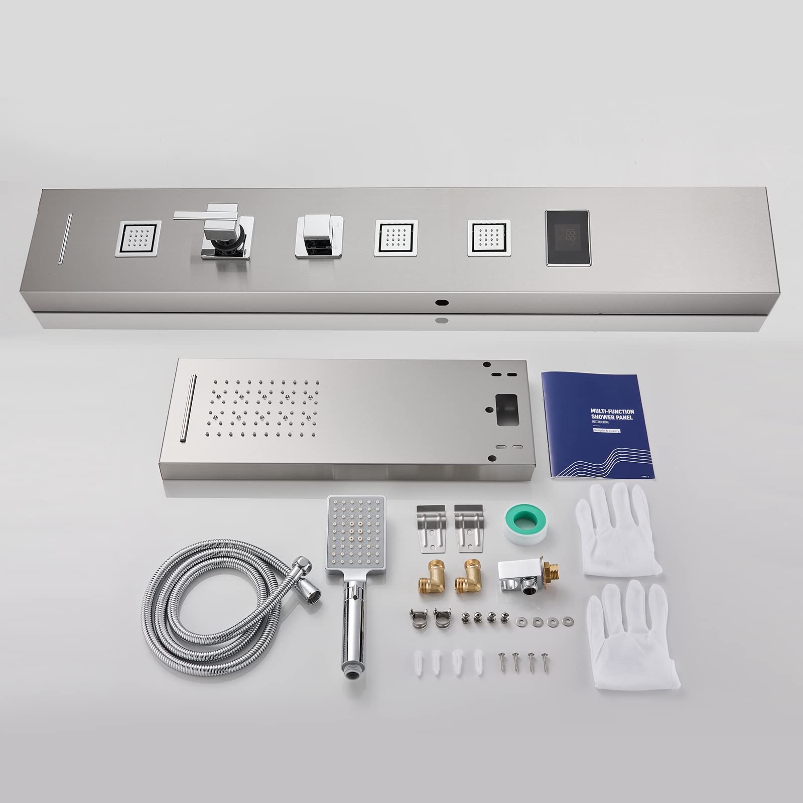 MENATT LED Shower Panel - 5-in-1 Shower Tower System with Rainfall Shower Head, Waterfall Spray, Massage Jets, Tub Spout & Handheld Shower - Brushed Nickel Finish for Luxurious Bathroom Upgrade - Perfect for Modern Homes, Spa-Like Experience & Water Therapy
