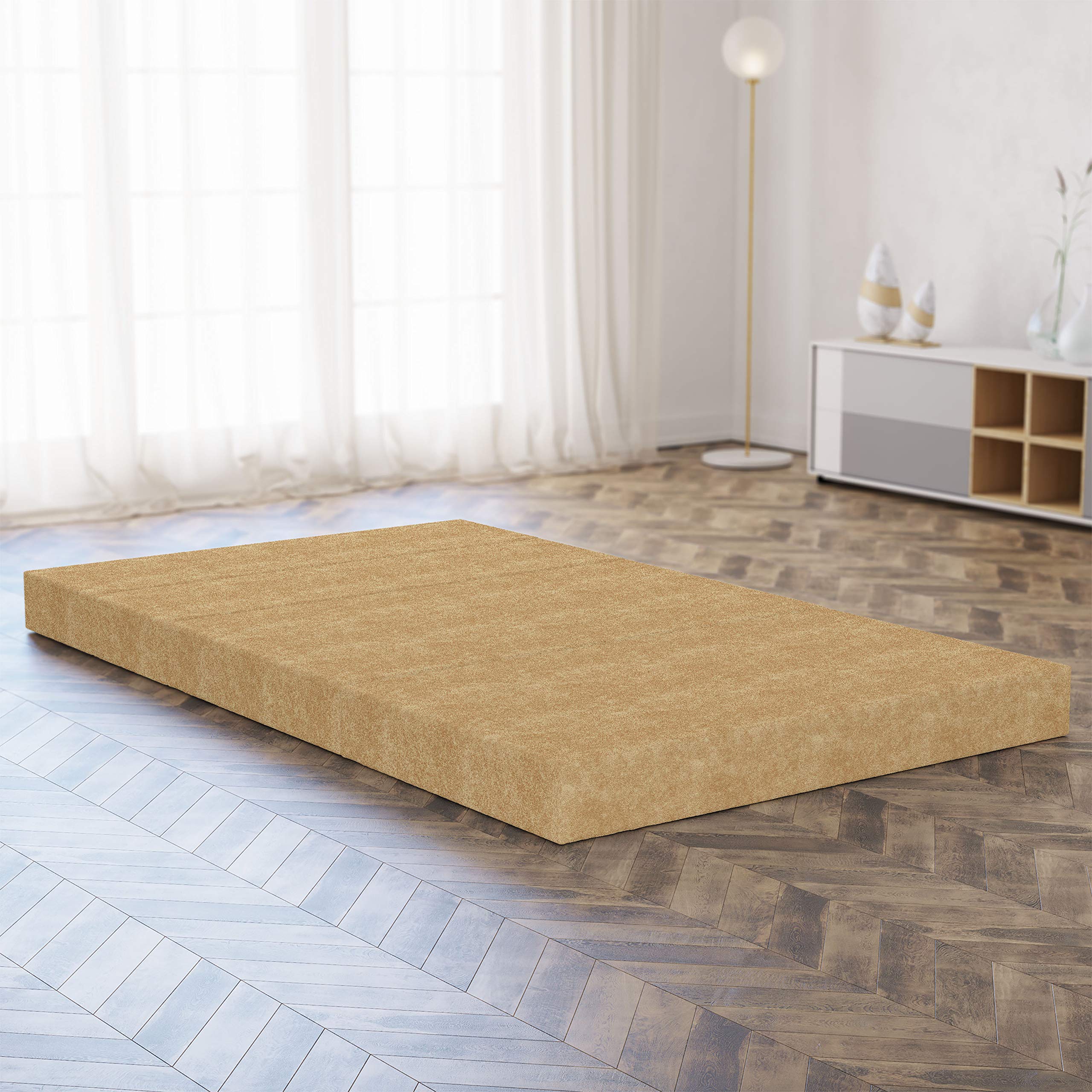 Ambesonne Faux Suede Foldable Mattress - Digitally Printed Weathered Texture, Portable Futon Mat & Lightweight Sleeping Pad for Guest Bed, Camping, Dorms - Pale Earth Yellow King Size | Perfect for Spare Bedrooms, Travel & Outdoor Adventures