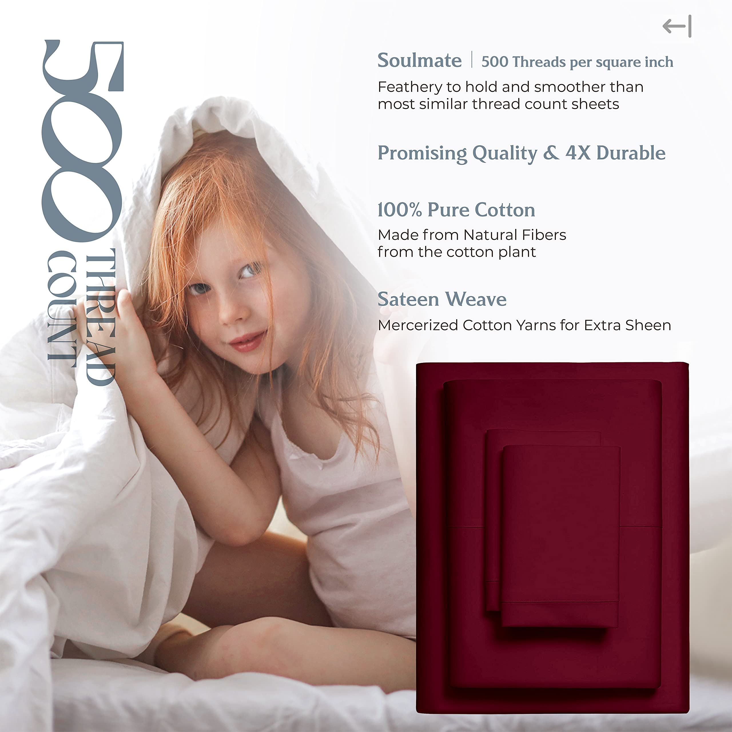 Mayfair Linen 500 Thread Count Twin XL Cotton Sheet Set - 3 Piece Cooling Sateen Bed Sheets (Burgundy) | Hotel Quality Deep Pocket Fits 18