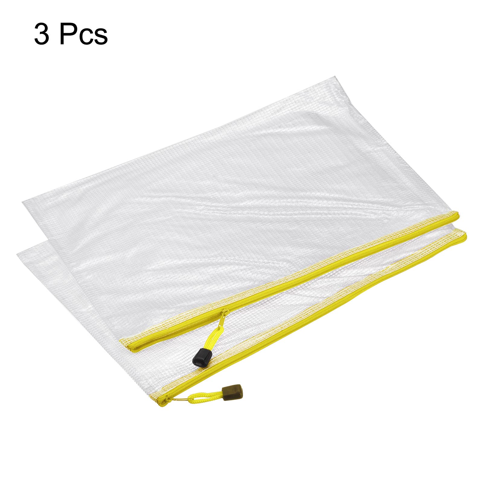 Meccanity A3 Mesh Zipper Bags - 3 Pack Yellow Plastic Document Folders with Secure Zipper for Office, School & Travel | Waterproof File Pouches for Organizing Papers, Receipts & Important Documents
