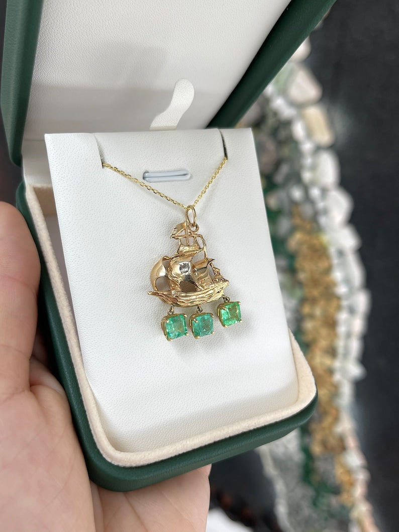 2.95tcw 14K Gold Colombian Emerald & Diamond Pirate Sailor Boat Pendant Necklace - Perfect for Nautical Themed Parties, Beach Vacations & Unique Gifts
