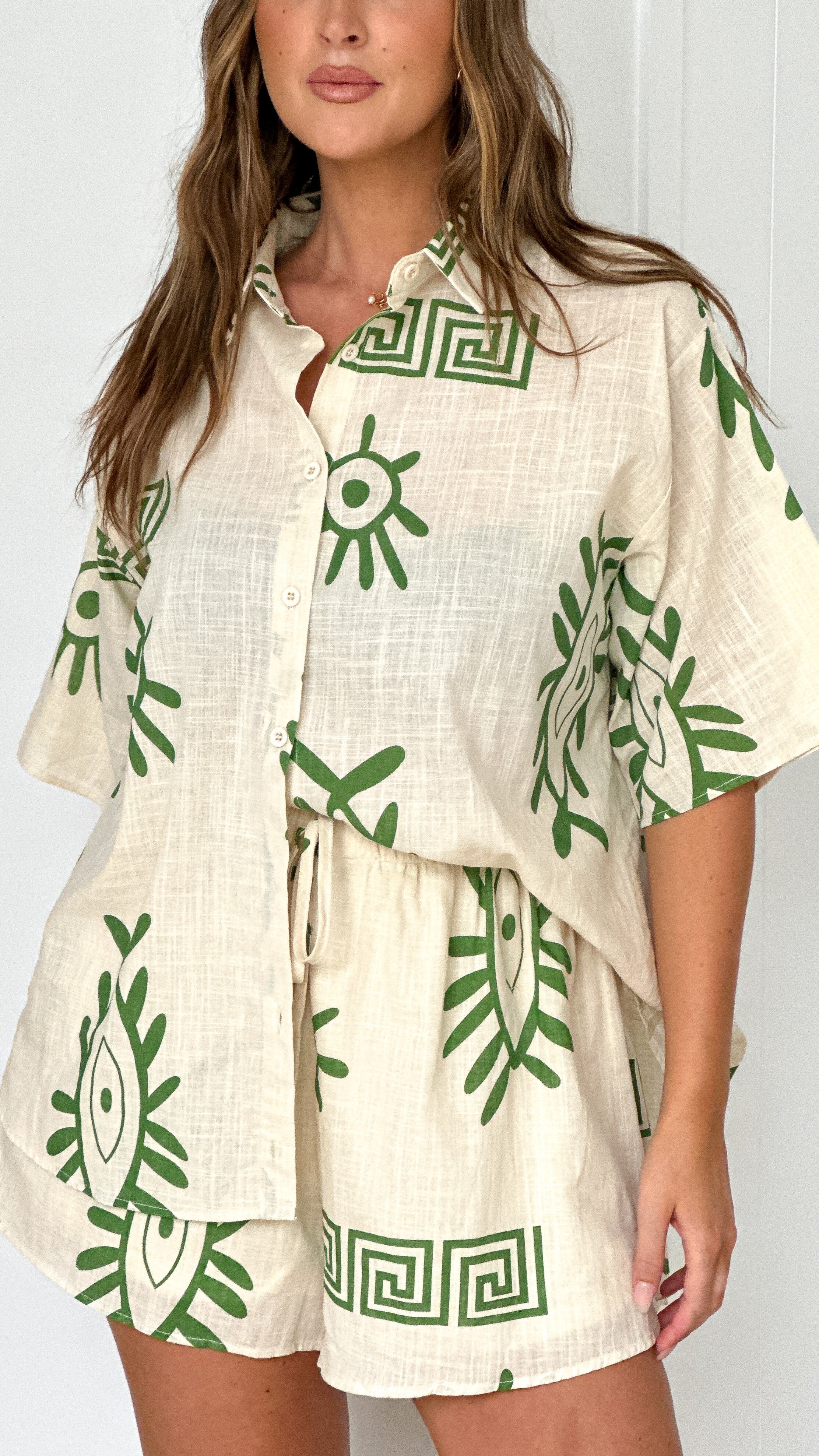 Charli Button Up Shirt and Shorts Set - Beige/Green Aztec Print Outfit for Women | Casual Summer Wear, Beach Vacation, Boho Festival Fashion