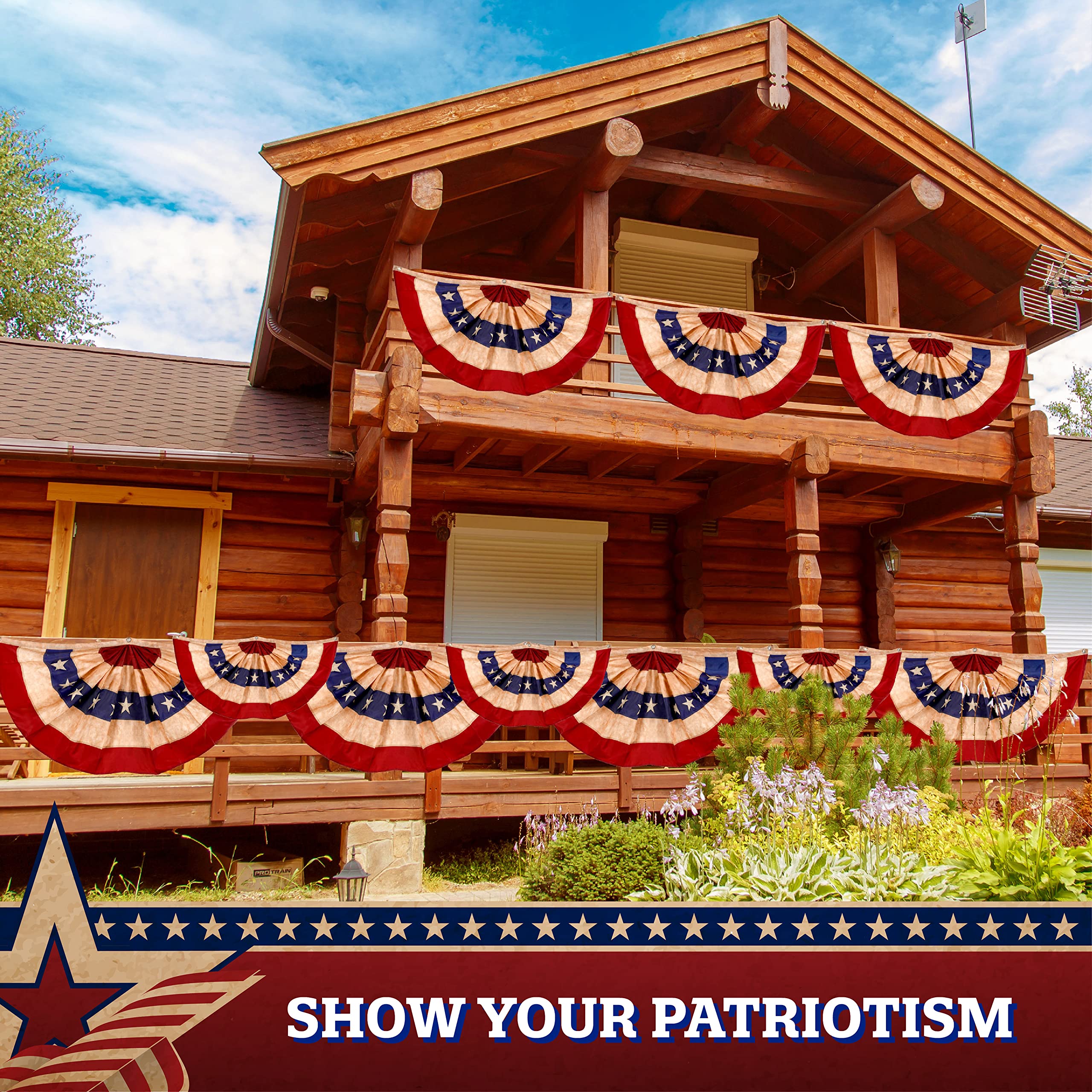 5 Pack USA Tea Stained Pleated Fan Flag - 3x6FT Embroidered Polyester Stars & Stripes Patriotic Decoration for Home, Garden, and Outdoor Events