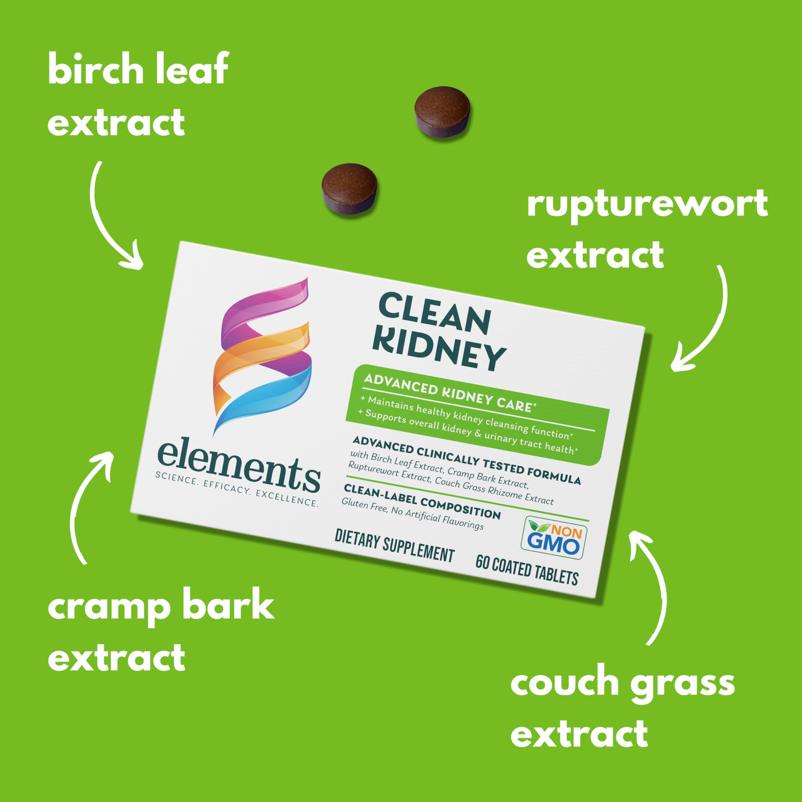Elements Clean Kidney Supplement - 60 Tablets (30 Day Supply) | Advanced Kidney Support for Urinary Tract Health & Normal Function | Gluten Free Formula | Ideal for Daily Kidney Care & Detox