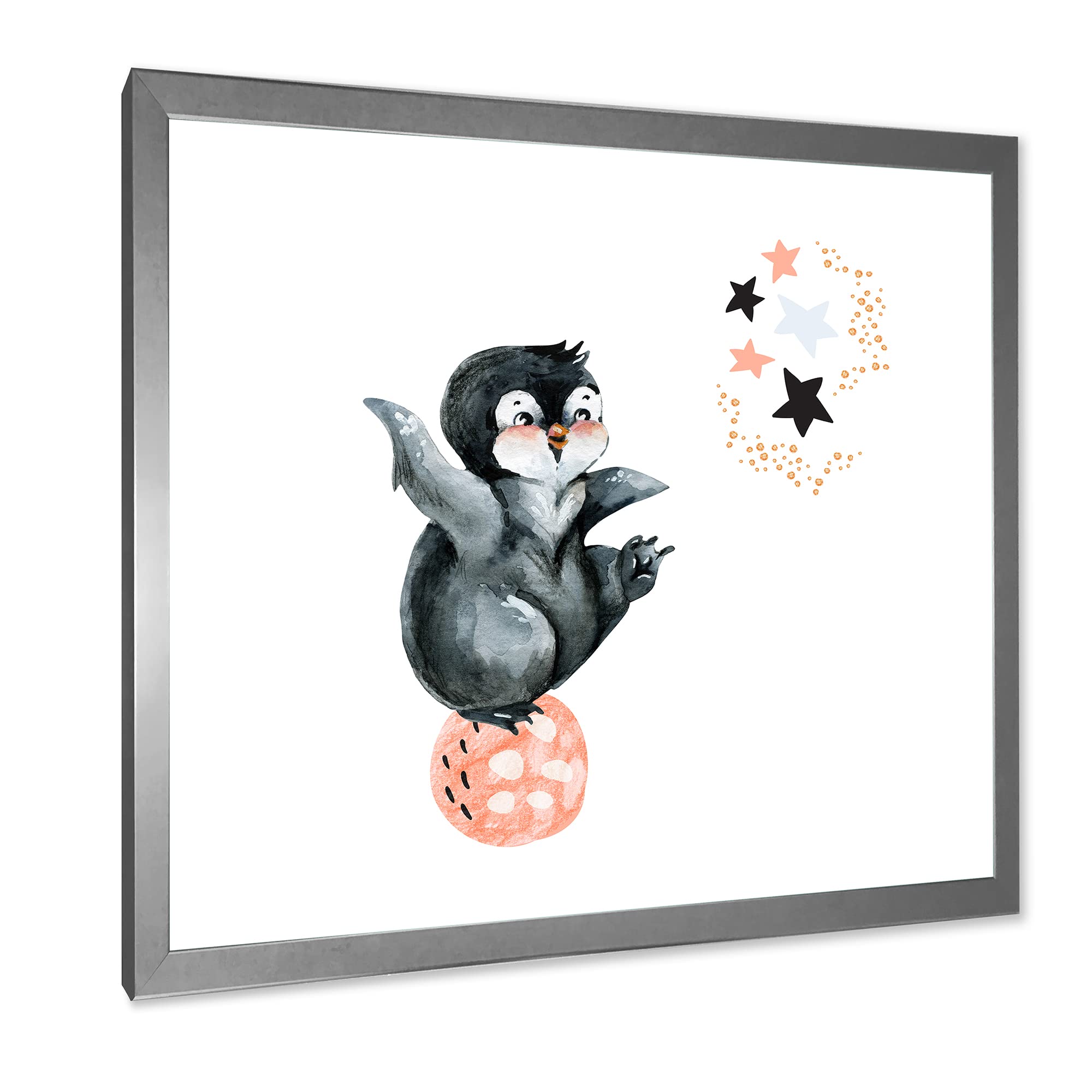 DesignQ Little Penguin With Stars and Planets II Farmhouse Framed Wall Art - Nursery Decor, Kids Room Wall Art, Living Room Decoration, Perfect Gift for Penguin Lovers
