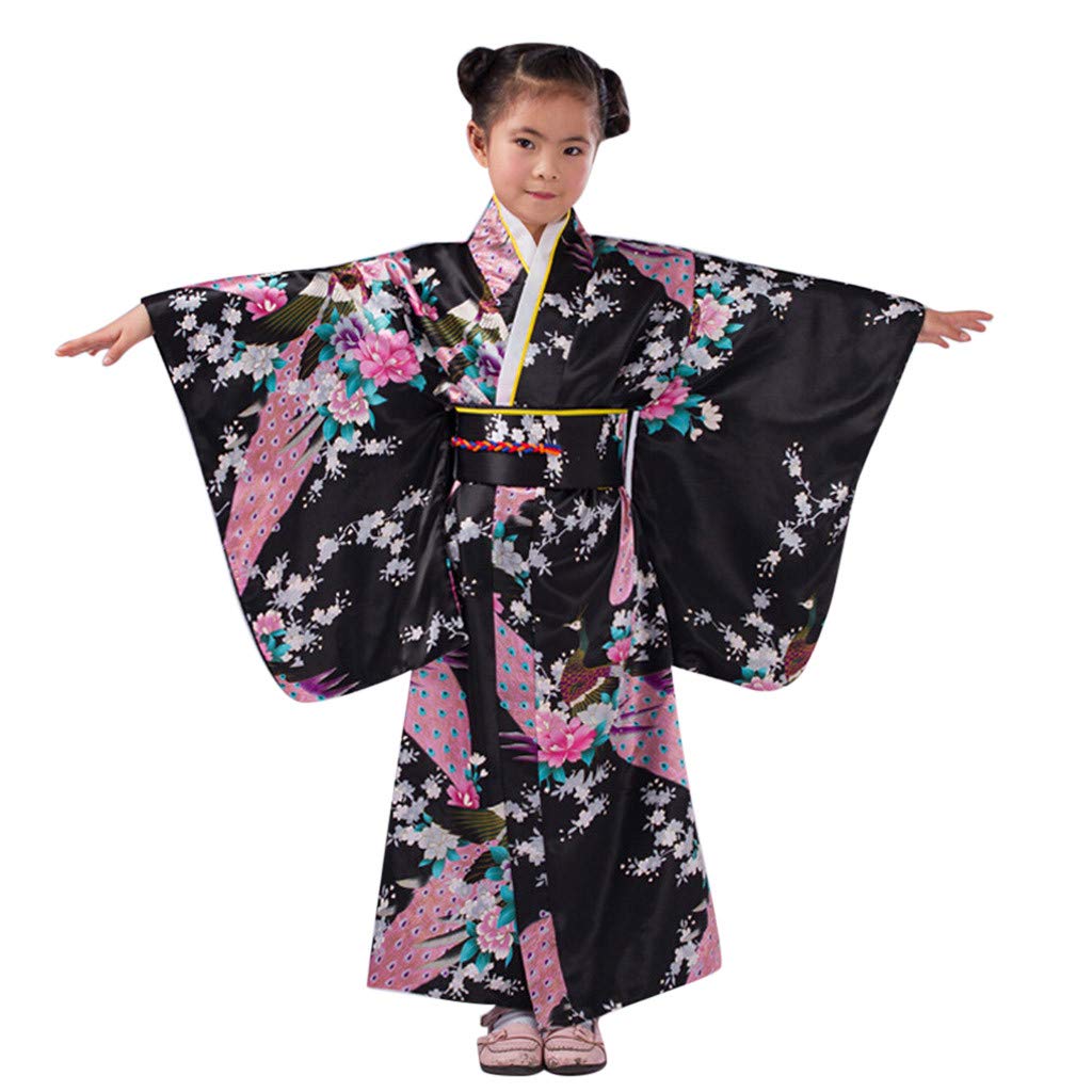 Japanese Kimono Robe for Baby Girls & Toddlers - Traditional Fall Outfit | AUGETY Kids Costume for Dress-Up, Halloween & Cultural Events