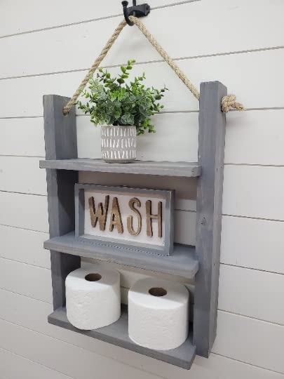 Rustic Farmhouse Rope Hanging Ladder Shelf - Bathroom & Home Decor for Storage and Display | Perfect for Towels, Blankets, Plants & More
