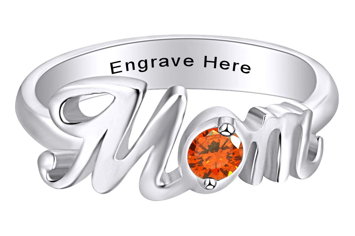 Personalized AFFY Jewelry Round Simulated Birthstone Promise Ring for Mom - 14k White Gold Over Sterling Silver - Perfect Gift for Mother's Day, Birthday & Anniversary