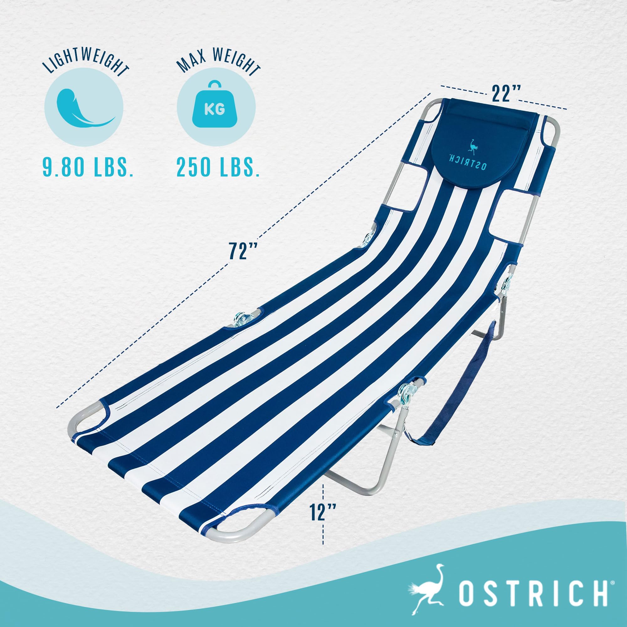 Premium Ostrich Chaise Lounge - Foldable Portable Sun Lounger for Beach, Poolside & Outdoor Relaxation (3-Pack) - Perfect for Vacation, Backyard & Patio Use