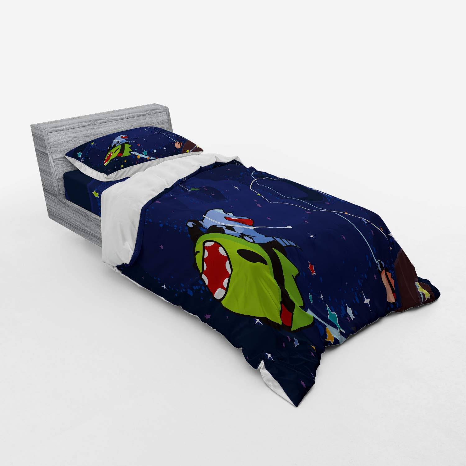 Ambesonne Space Cat Duvet Cover Set - Cartoon Kittens & Alien Creatures with Stars & Planets on Abstract Design, 3-Piece Twin Size Bedding Set with Pillow Sham & Fitted Sheet in Green, Brown & Dark Blue - Perfect for Kids' Room, Space Themed Bedroom & Sci-Fi Decor