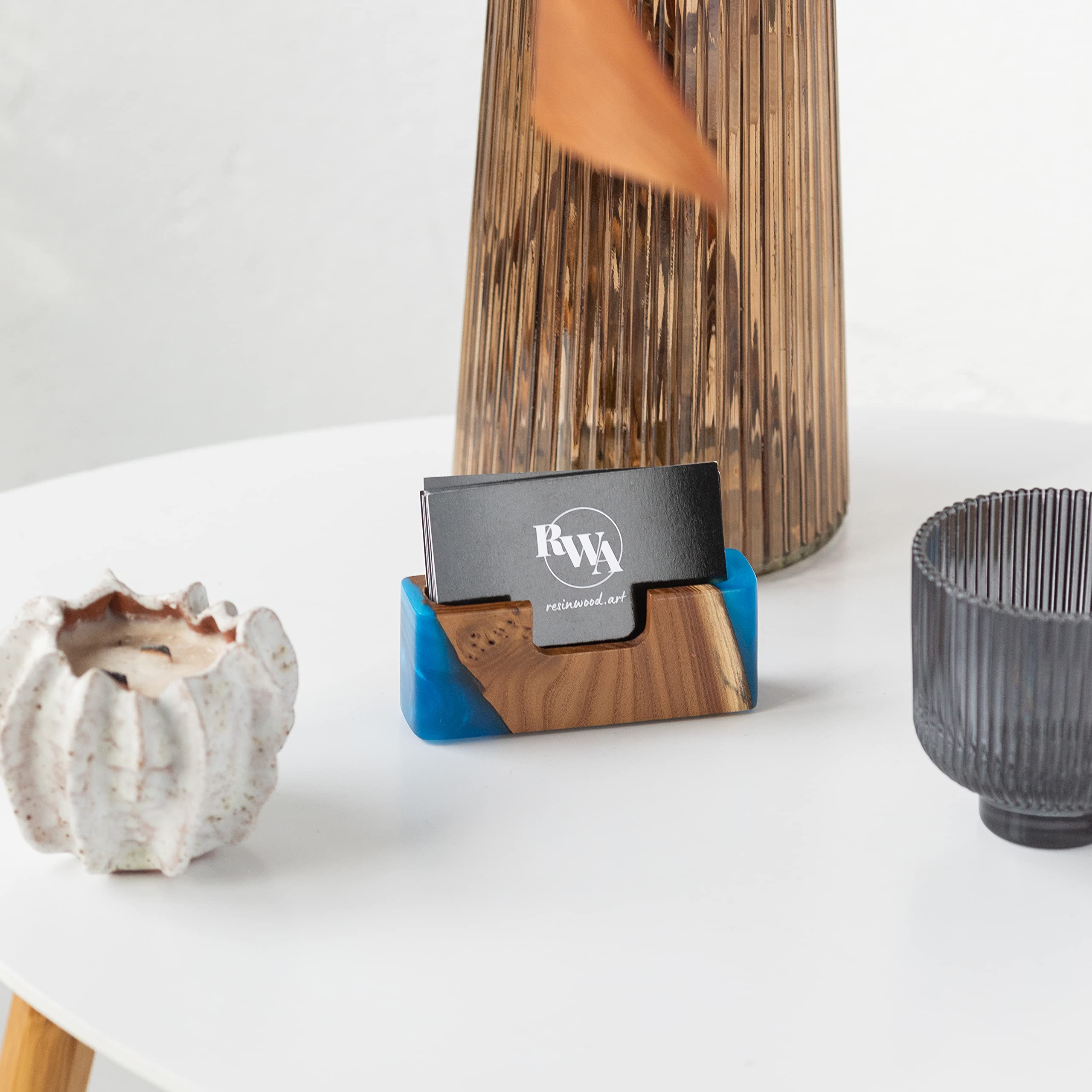 Best Business Card Display Stand - Unique Wooden Slim Card Holder for Office & Home Desk Organizer - Small Desk Cardholder Storage Accessory (Blue Pearl) - Perfect for Professional Meetings, Networking Events & Office Decor