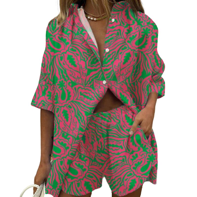 Women's Floral Print Two-Piece Shorts Outfit Set - Summer Lounge Half Sleeve Sweatsuit with Button-Down Shirt | Casual Beach Wear, Vacation Outfits, Street Style Fashion