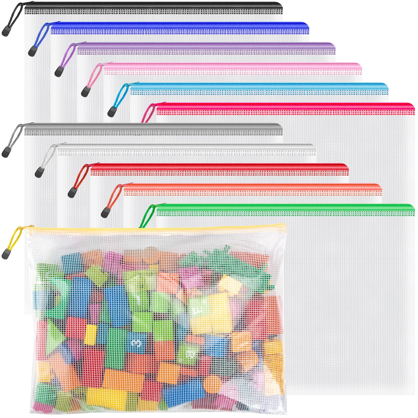 Umriox Mesh Zipper Pouch 14.9x11.0 Inch (12 Colors, 12 Packs) - Extra Large Waterproof Storage Bags for Office Supplies, Puzzles, Board Games & Crafts | Perfect for Organizing School, Travel & DIY Projects