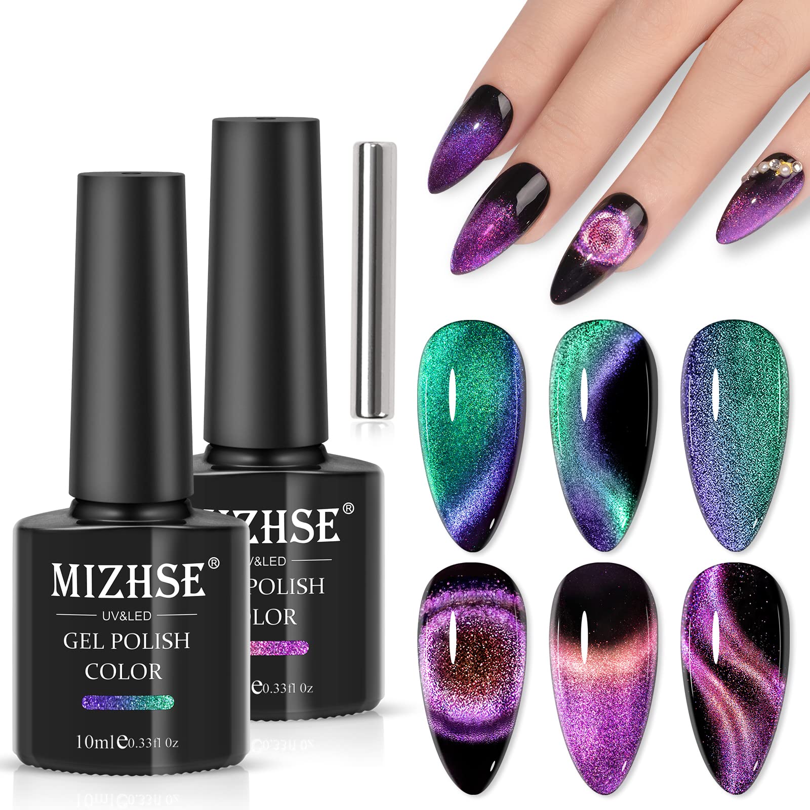 MIZHSE 9D Cat Eye Gel Nail Polish Set - 2 Colors (Cyan & Pink) Holographic Magnetic Nail Art Gel with Galaxy Effect - 10ML for Professional Salon & DIY Manicure at Home