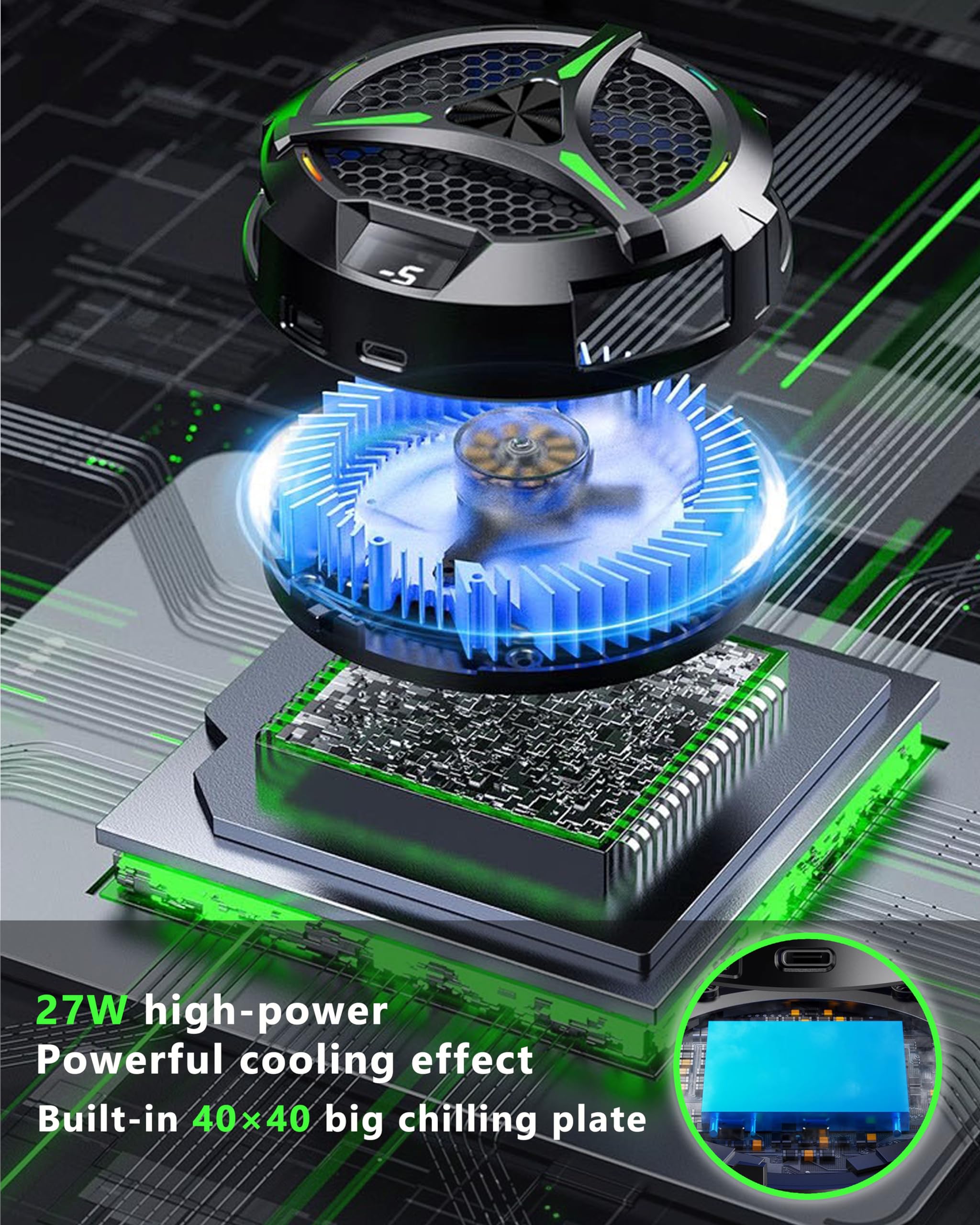 Magnetic Cooler for iPad & Tablets, Universal Radiator with Temperature Display for iPad/Surface Pro/Samsung Tab, Ideal for Mobile Gaming & TikTok Live Streaming (Green Mech)