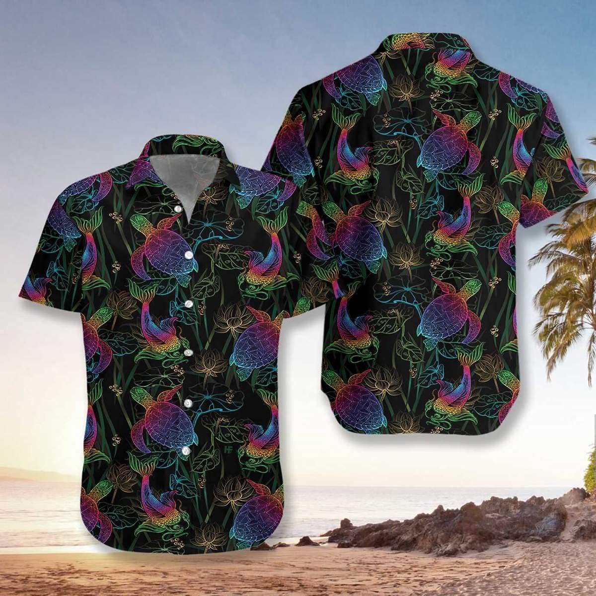 HYPERFAVOR Stylish Sea Turtle Print Hawaiian Shirt for Men - Comfortable Button Down Casual Beach Shirt - Perfect for Vacation, Summer Parties & Tropical Getaways