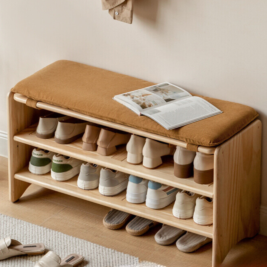 Solid Pine Wood Shoe Bench - 3-Tier Rustic Entryway Shoe Rack with Storage Shelf | Perfect for Mudroom, Hallway & Closet Organization (Natural Wood Finish)