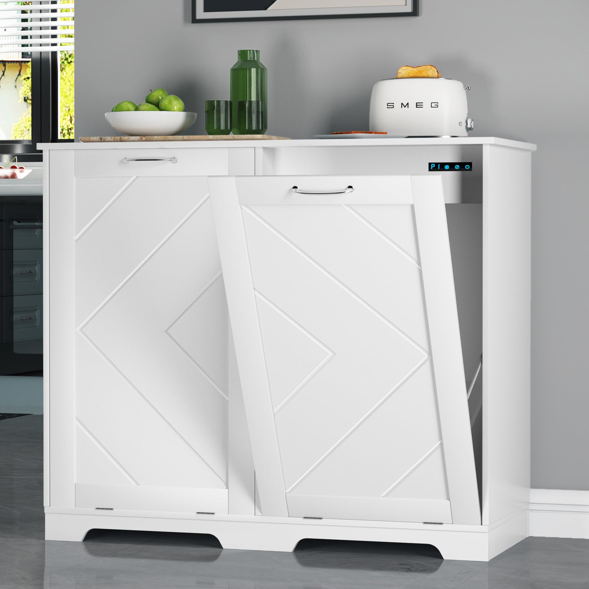 VECELO Double Tilt-Out Kitchen Trash Bin Cabinet - Dog Proof Garbage Can with Wood Holder, Free Standing Recycling Bin for Kitchen, Bathroom, Office - White
