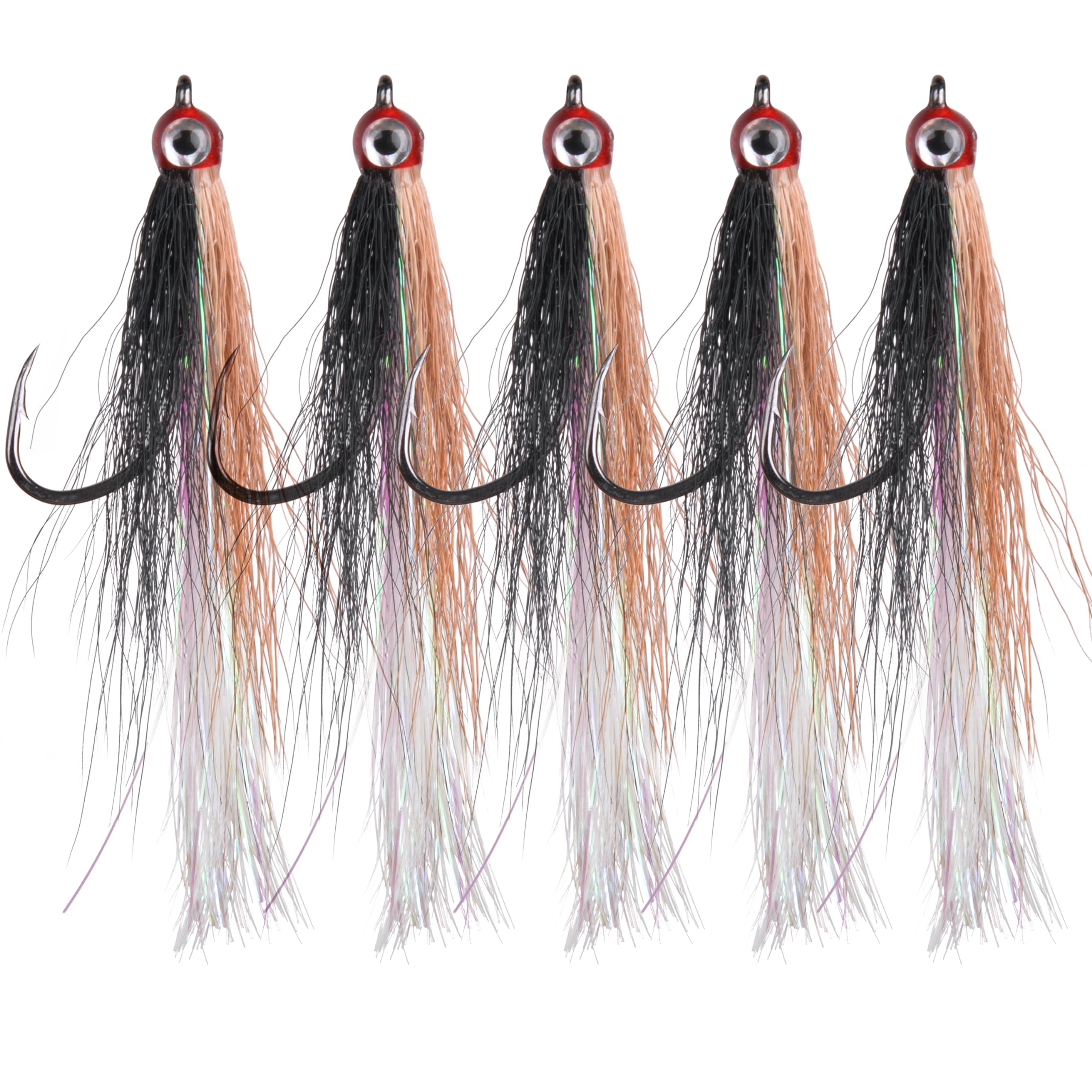 Bucktail Teasers Fishing Hooks with 3D Eyes - 5PCS High Carbon Steel Hooks for Bass & Saltwater Fishing | Durable Fly Fishing Lures with Mylar Flash | Perfect for Freshwater, Ocean & Ice Fishing Scenarios