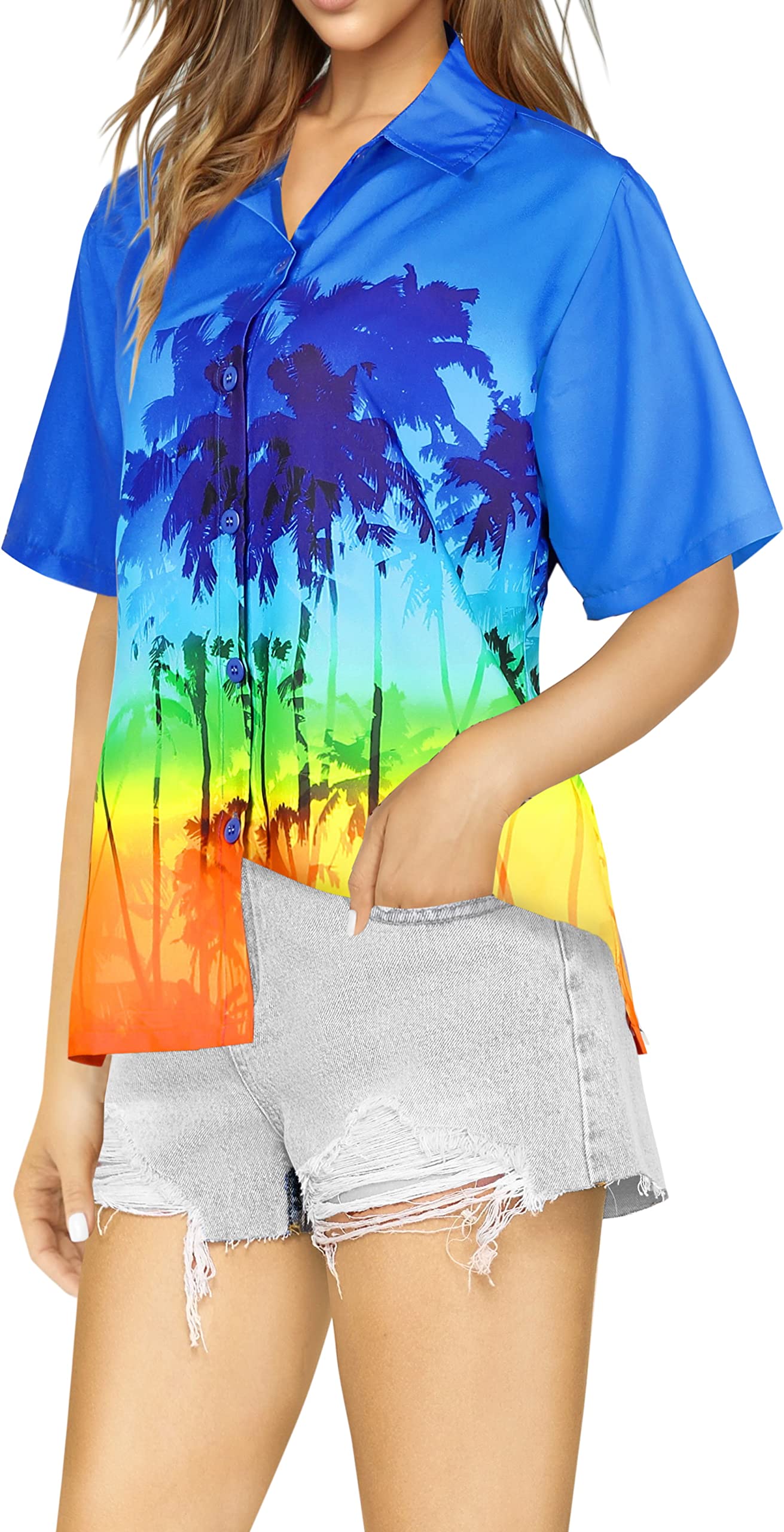 Happy Bay Women's Hawaiian Short Sleeve Beach Blouse - Floral Print Vacation Shirt for Summer, Pool Party & Tropical Getaways