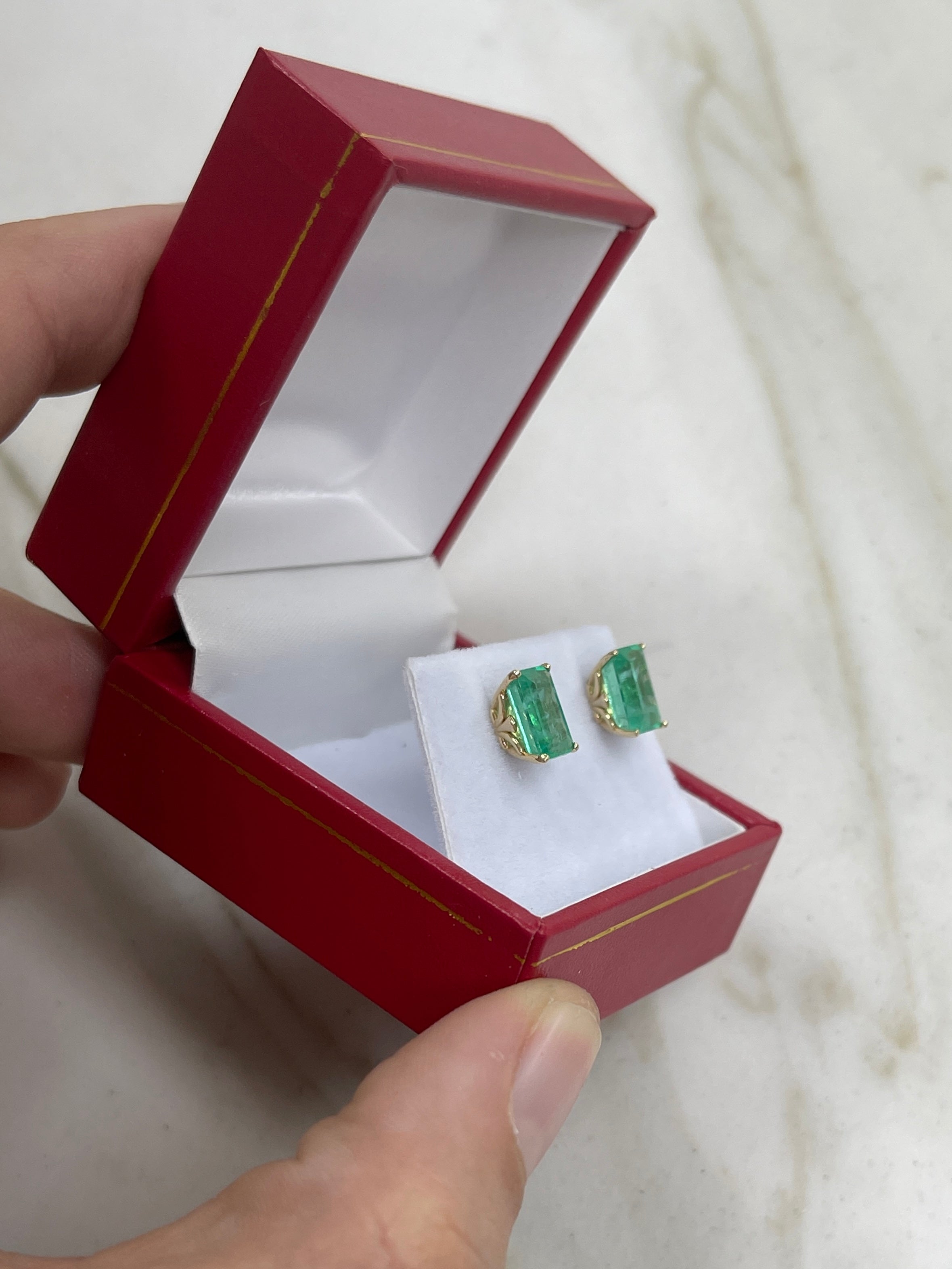 3.24tcw 14K Gold Fleur De Lis 4-Prong Emerald Cut May Birthstone Stud Earrings - Perfect for Mother's Day Gifts, Bridal Jewelry & Everyday Elegance