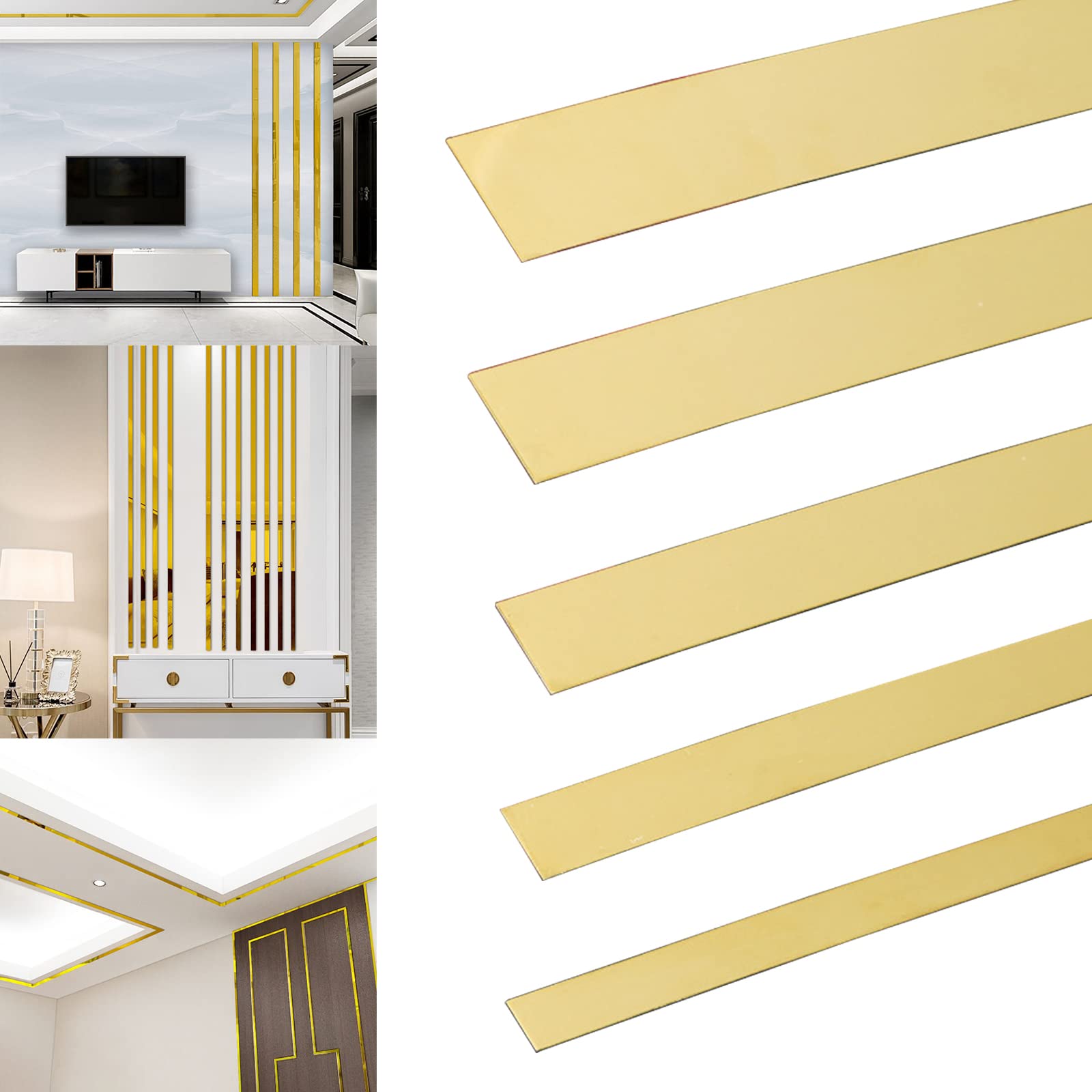 16FT Gold Wall Trim Molding - Stainless Steel Peel and Stick Mirror Edge Tape - Self Adhesive Metal Frame for Wall Mirrors, Bathroom Vanity, Decorative Borders - Mirror-Like Finish for Home & Office Decor
