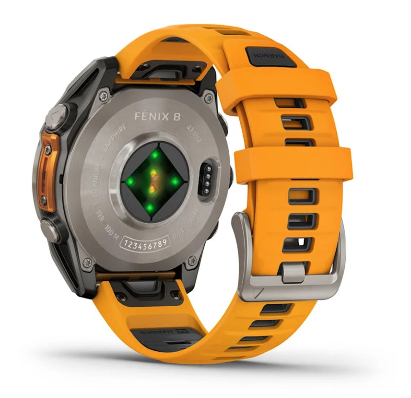 Garmin fenix 8 GPS Smartwatch 47mm Sapphire Titanium with Spark Orange/Graphite Silicone Band - Outdoor Adventure, Running, Hiking & Fitness Tracking