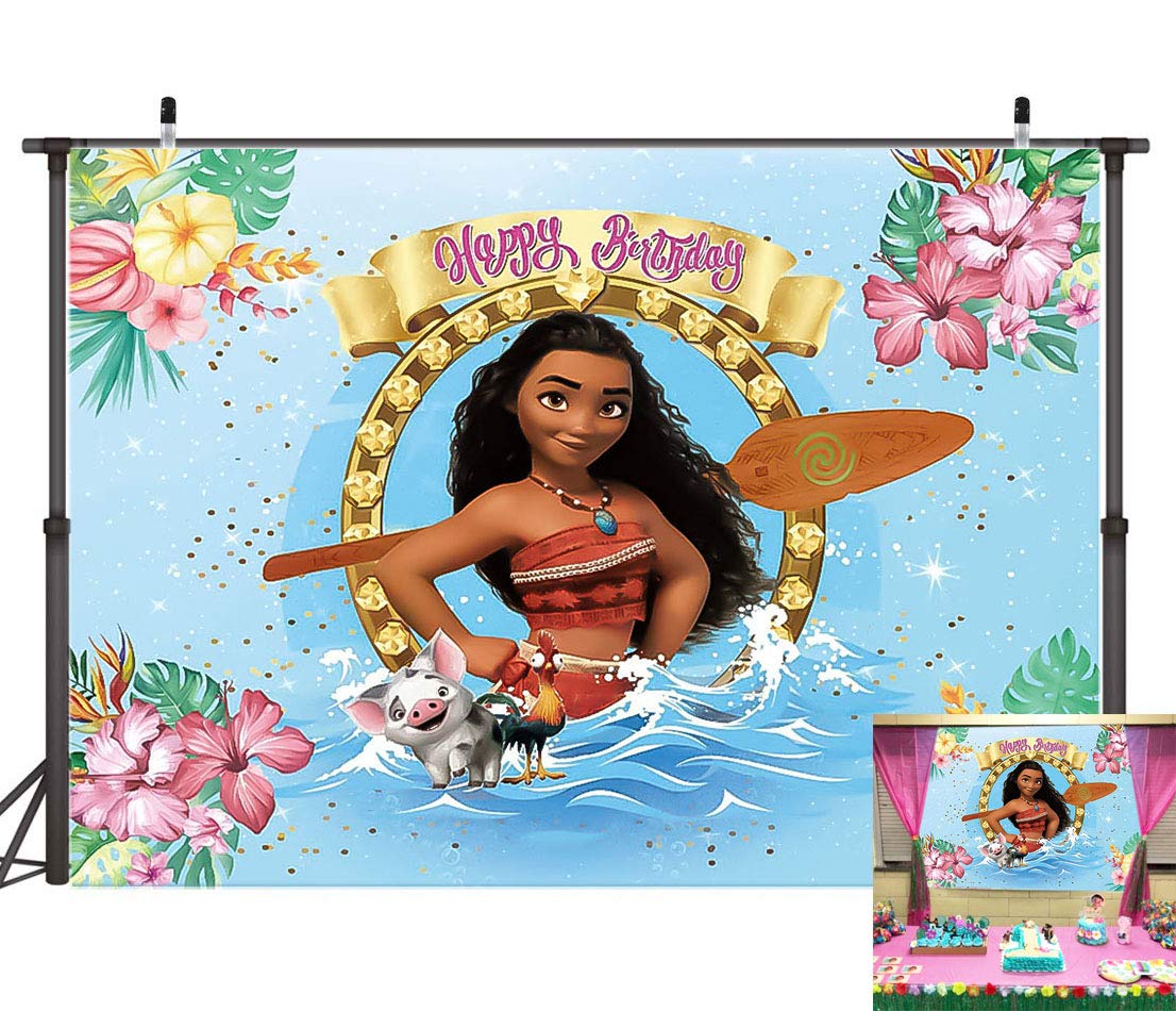 Moana Theme Backdrop for Baby Shower & 1st Birthday Party - 5x3ft Pink Flowers & Blue Ocean Photography Background for Cake Table, Photo Studio Props - Perfect for Summer Beach Parties & Girls' Birthday Decorations