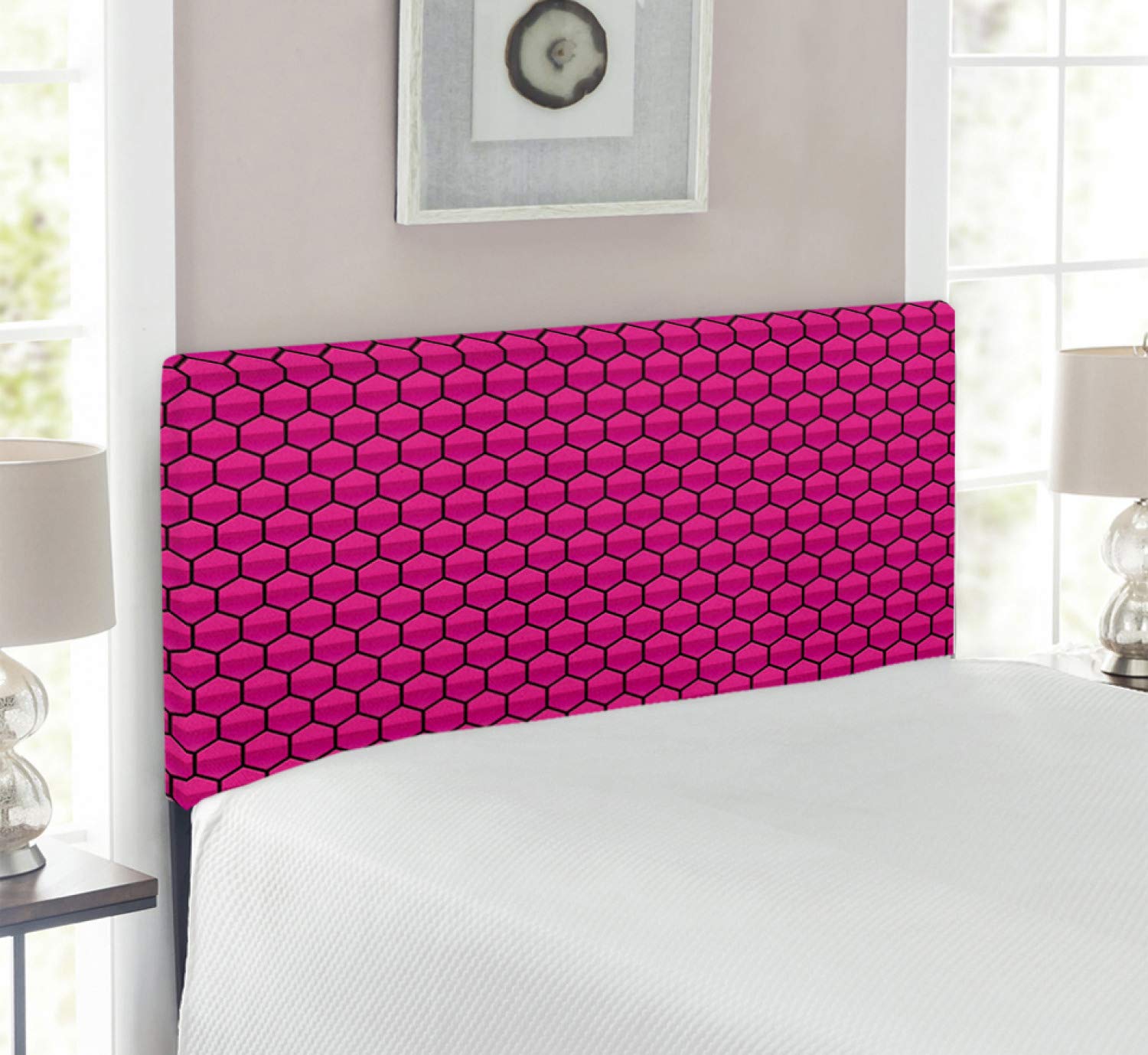 Ambesonne Twin Size Hot Pink Headboard - Honeycomb Pattern Nature Inspired Design, Monochrome Print, Upholstered Decorative Metal Bed Frame with Memory Foam (Hot Pink & Black) - Perfect for Teen Girls' Bedroom, Dorm Room Decor or Modern Home Styling