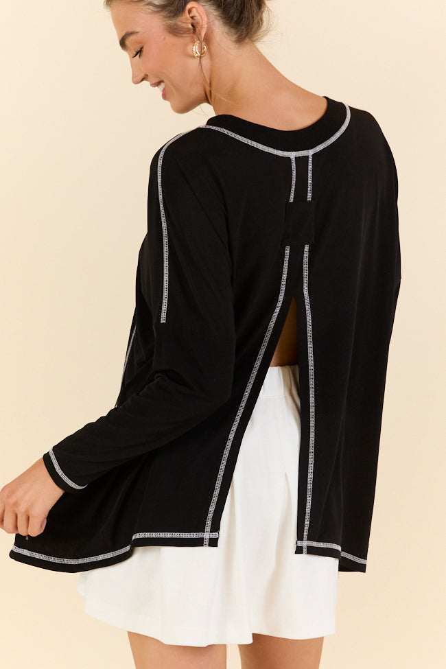 Play On Black Long Sleeve Split Back Top - Women's Fashion T-Shirt for Casual Wear, Night Out & Street Style