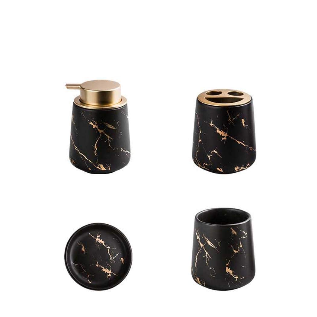 Luxury Marble Pattern Bathroom Accessories Set - 4 Piece Ceramic Soap Dispenser & Bath Decor in Matte Black | Modern Bathroom Organization & Stylish Home Decor for Guest Bathrooms, Master Suites & Spa-Like Retreats