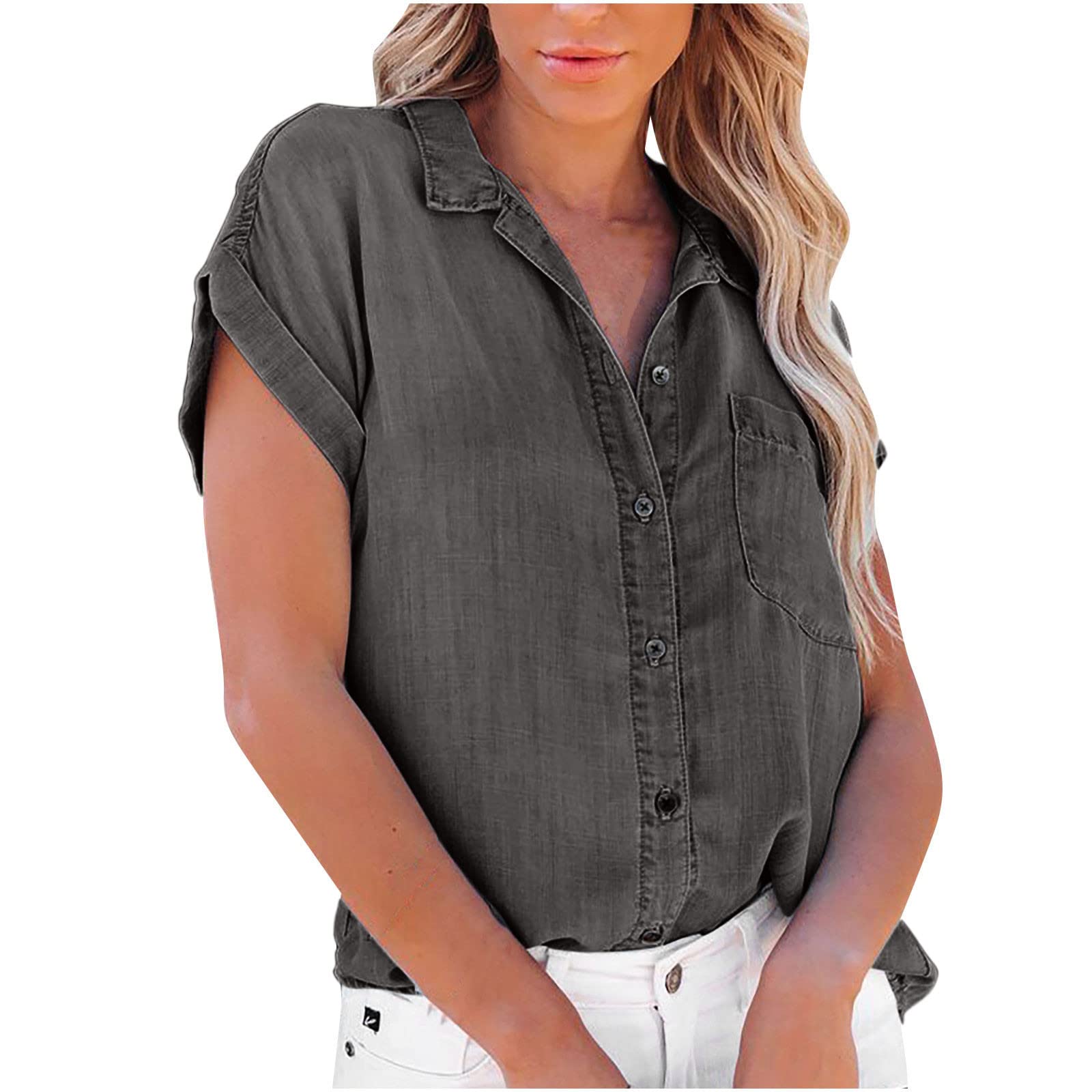 2022 Women's Summer Denim Shirts - Casual Short-Sleeve Loose Tops with Lapel & Solid Colors | Dressy Blouses for Work, Date Night & Weekend Outfits