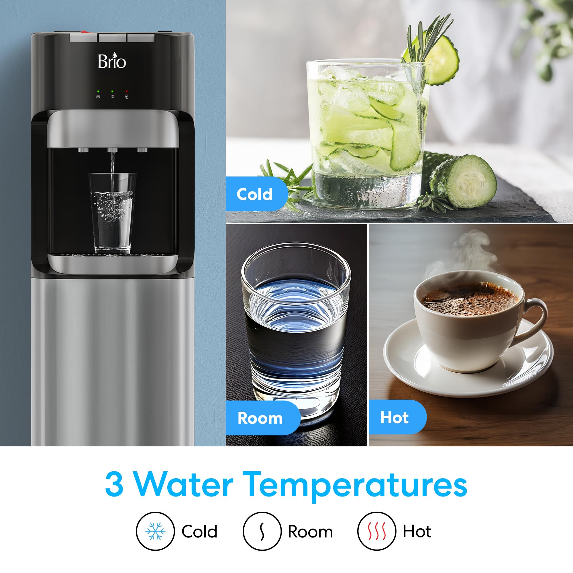 Brio Bottom Loading Water Cooler Dispenser for 5 Gallon Bottles - 3 Temperature Settings (Hot, Room, Cold) with Child Safety Lock, LED Display & Empty Bottle Alert - Stainless Steel Office & Home Water Dispenser for Kitchen, Breakroom, or Workplace Hydration
